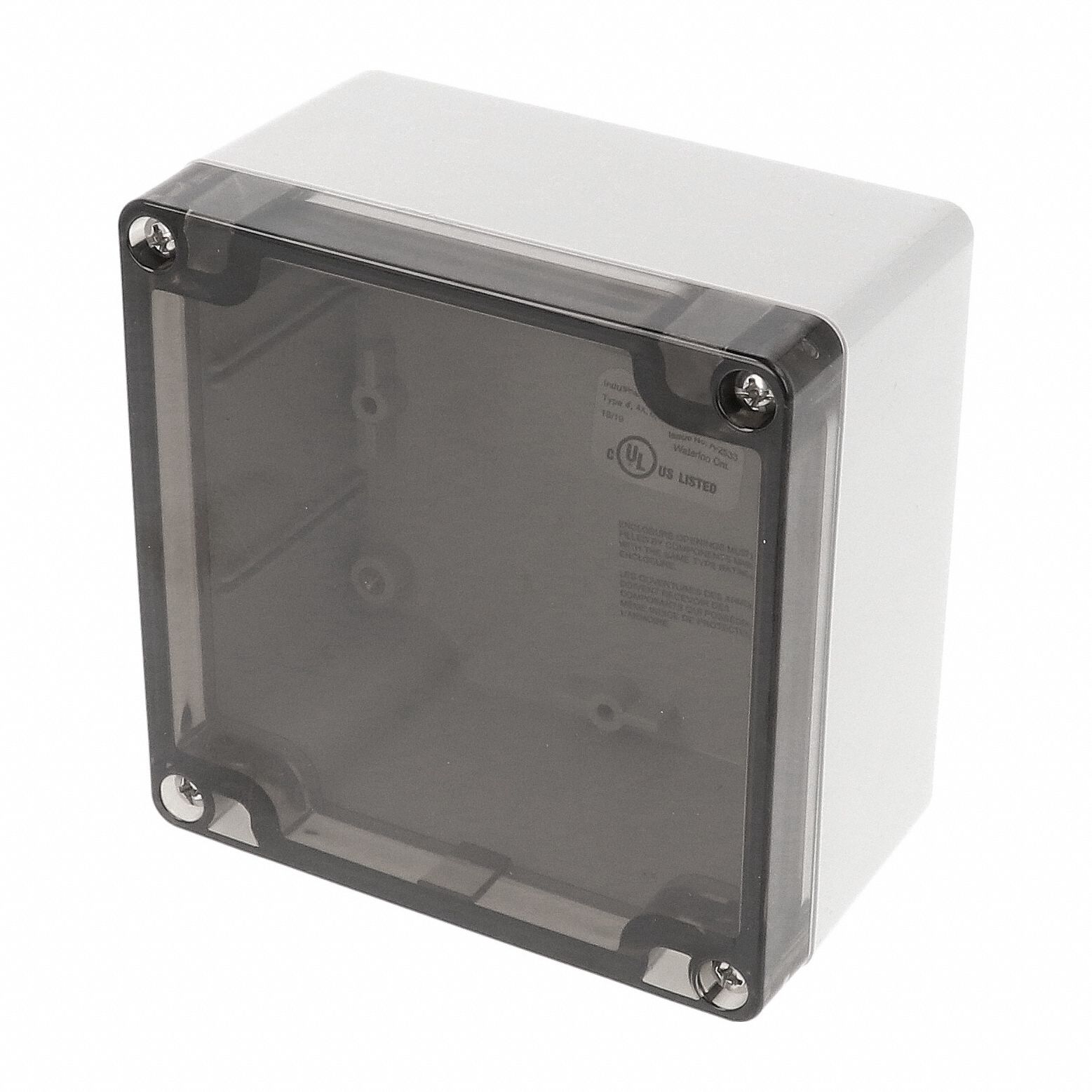 Enclosure: Polycarbonate, 4 in x 4 in x 2 in, NEMA 12/13/4/4X/6/6P, Screw On, Smoked Cover