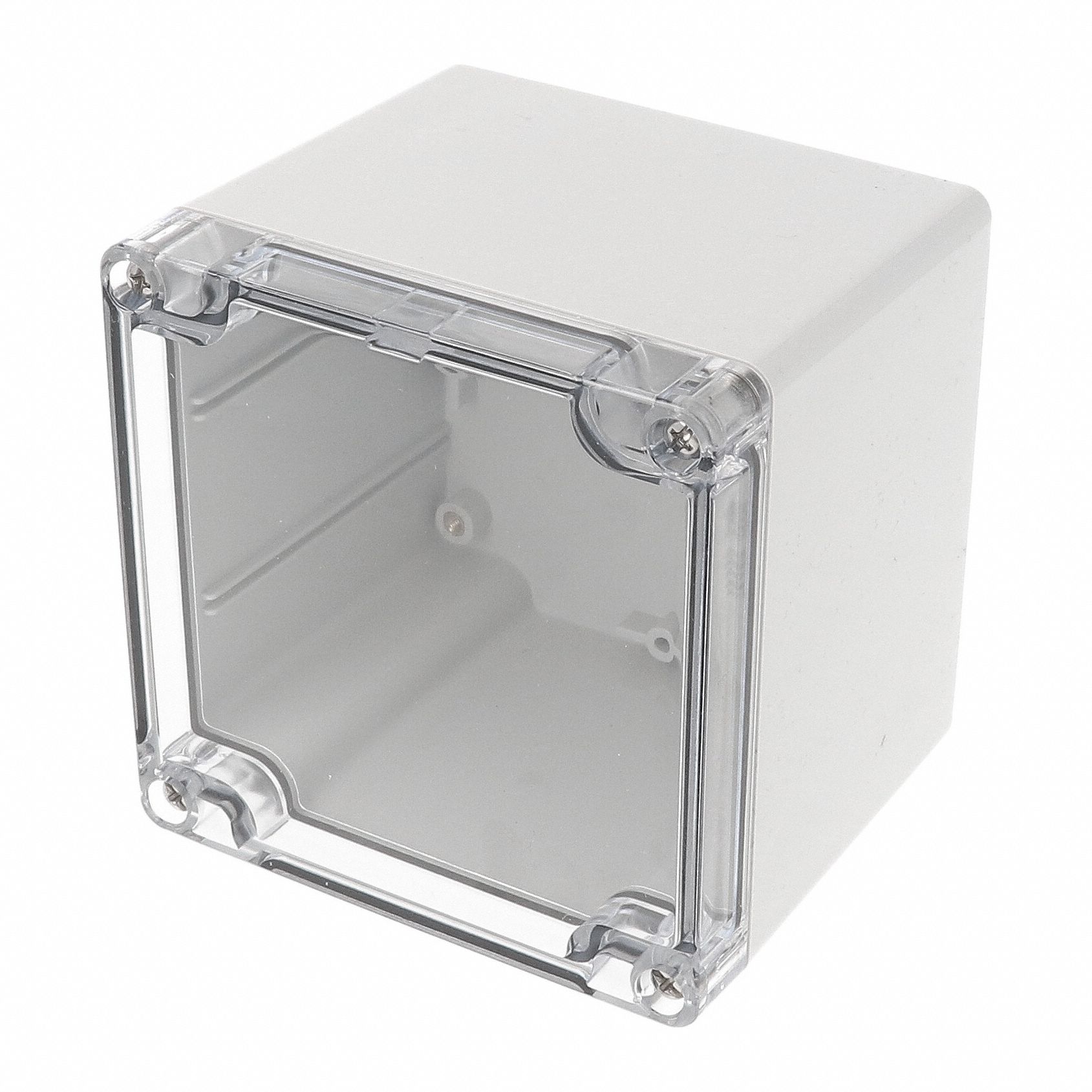 Enclosure: Polycarbonate, 4 in x 4 in x 4 in, NEMA 12/13/4/4X/6/6P, Screw On, Clear Cover