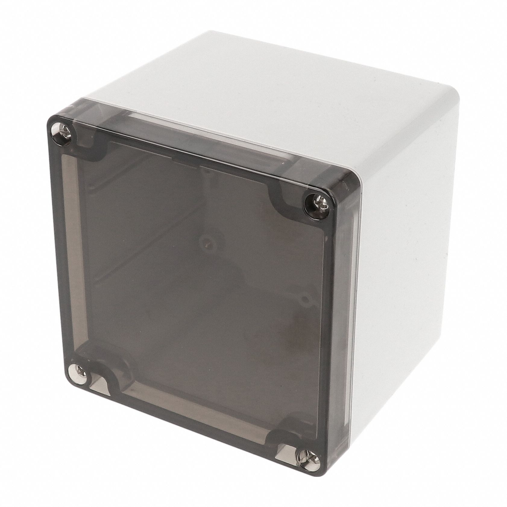 Enclosure: Polycarbonate, 4 in x 4 in x 4 in, NEMA 12/13/4/4X/6/6P, Screw On, Smoked Cover