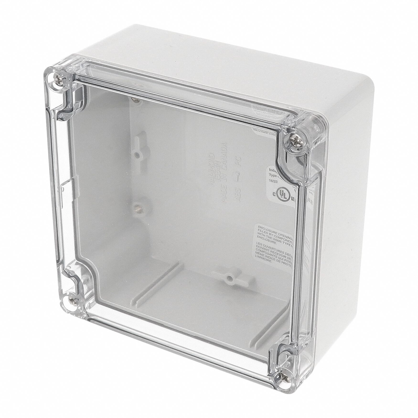 Enclosure: Polycarbonate, 4 in x 4 in x 2 in, NEMA 12/13/4/4X/6/6P, Screw On, Clear Cover