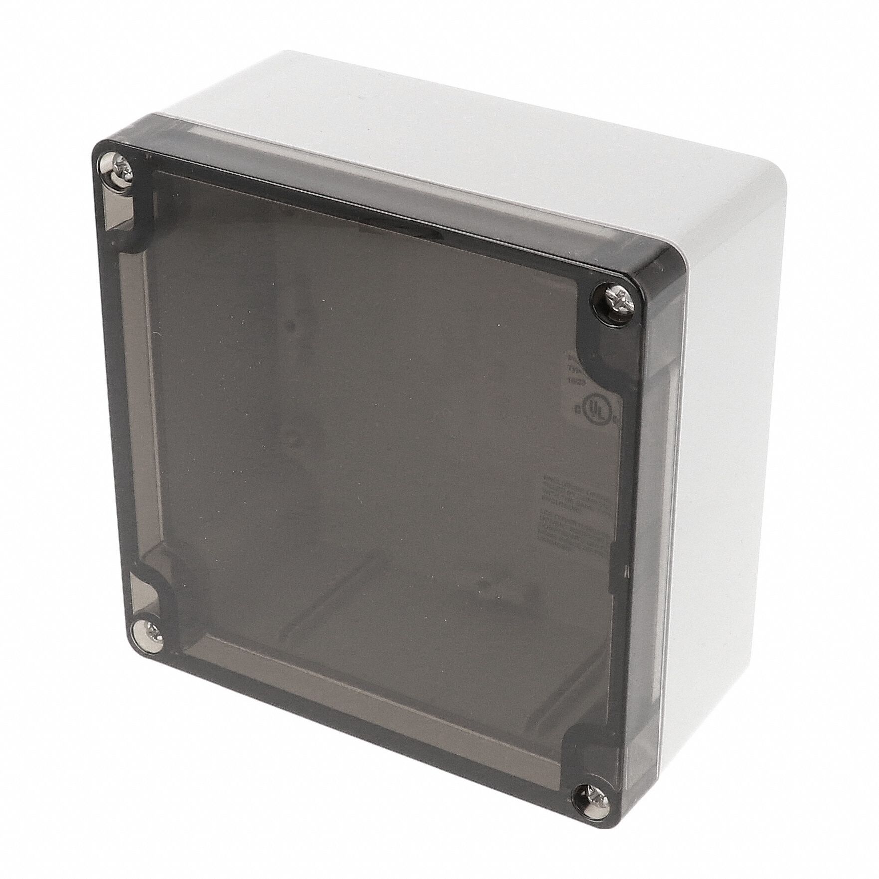 Enclosure: Polycarbonate, 4 in x 4 in x 2 in, NEMA 12/13/4/4X/6/6P, Screw On, Smoked Cover