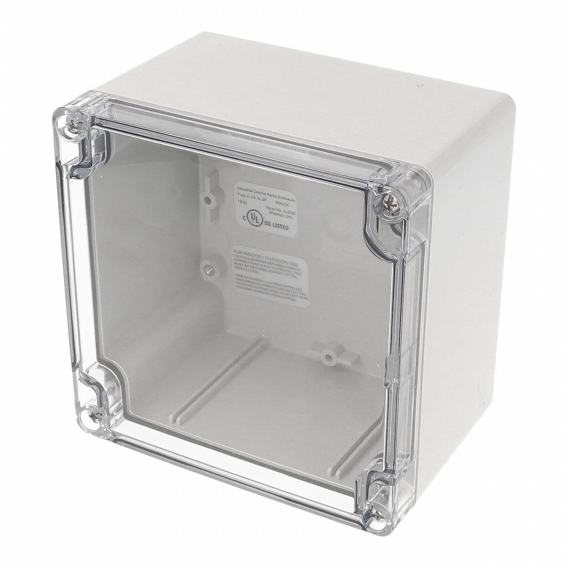 Enclosure: Polycarbonate, 4 in x 4 in x 3 in, NEMA 12/13/4/4X/6/6P, Screw On, Clear Cover