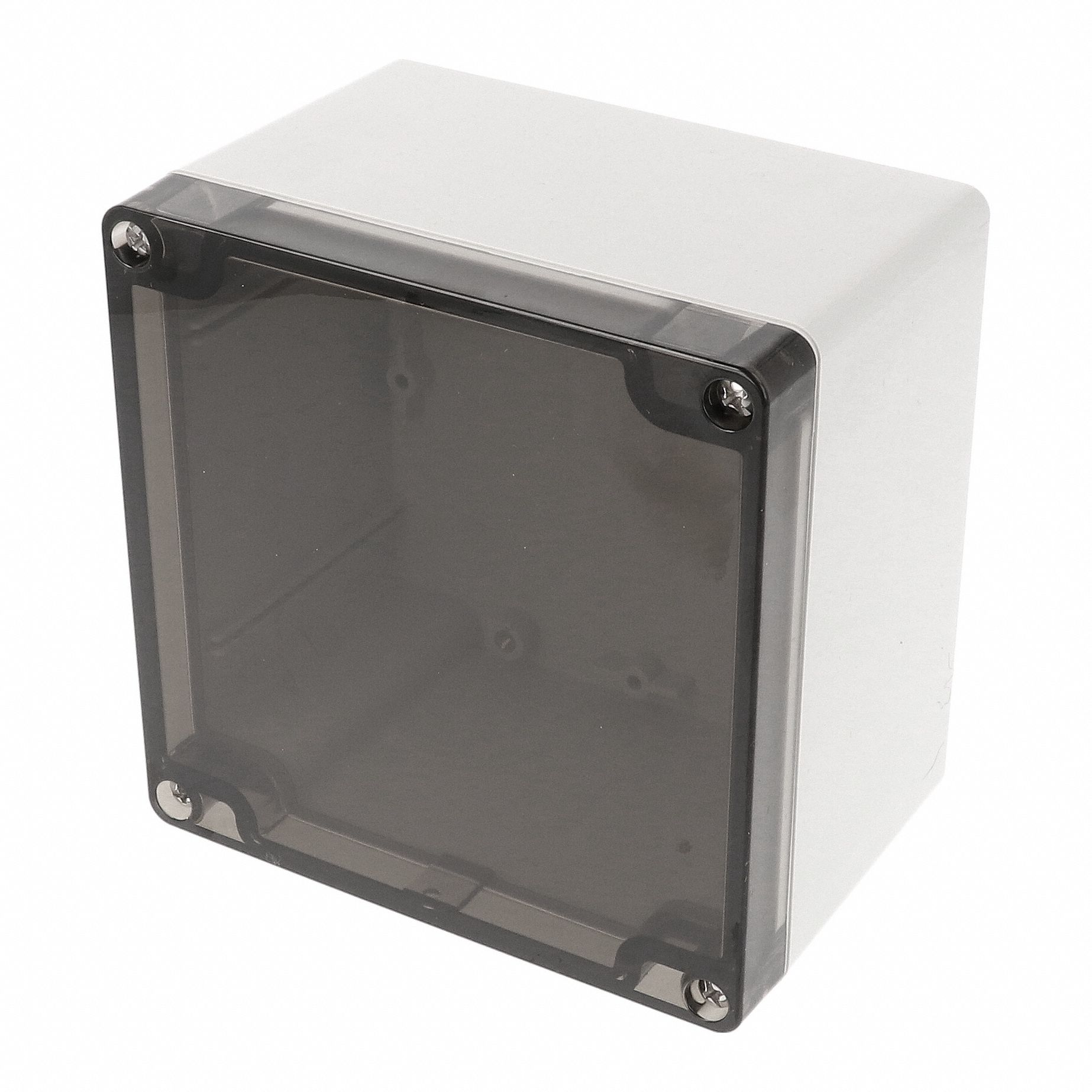 Enclosure: Polycarbonate, 4 in x 4 in x 3 in, NEMA 12/13/4/4X/6/6P, Screw On, Smoked Cover