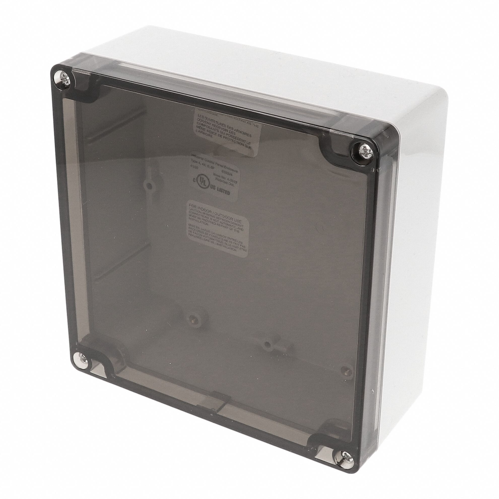 Enclosure: Polycarbonate, 5 in x 5 in x 2 in, NEMA 12/13/4/4X/6/6P, Screw On, Smoked Cover