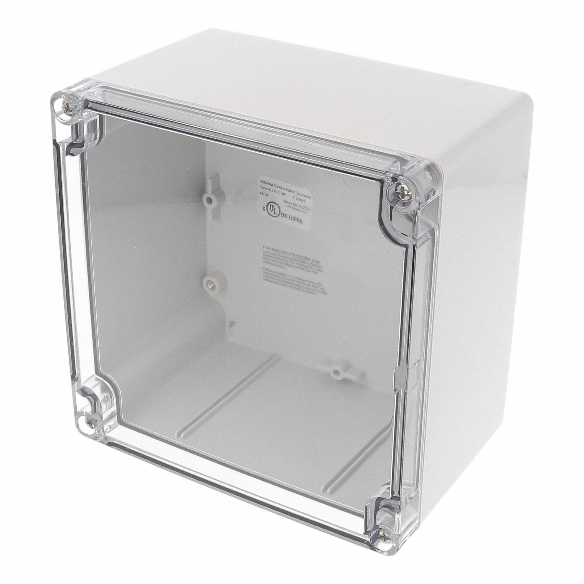 Enclosure: Polycarbonate, 5 in x 5 in x 4 in, NEMA 12/13/4/4X/6/6P, Screw On, Clear Cover