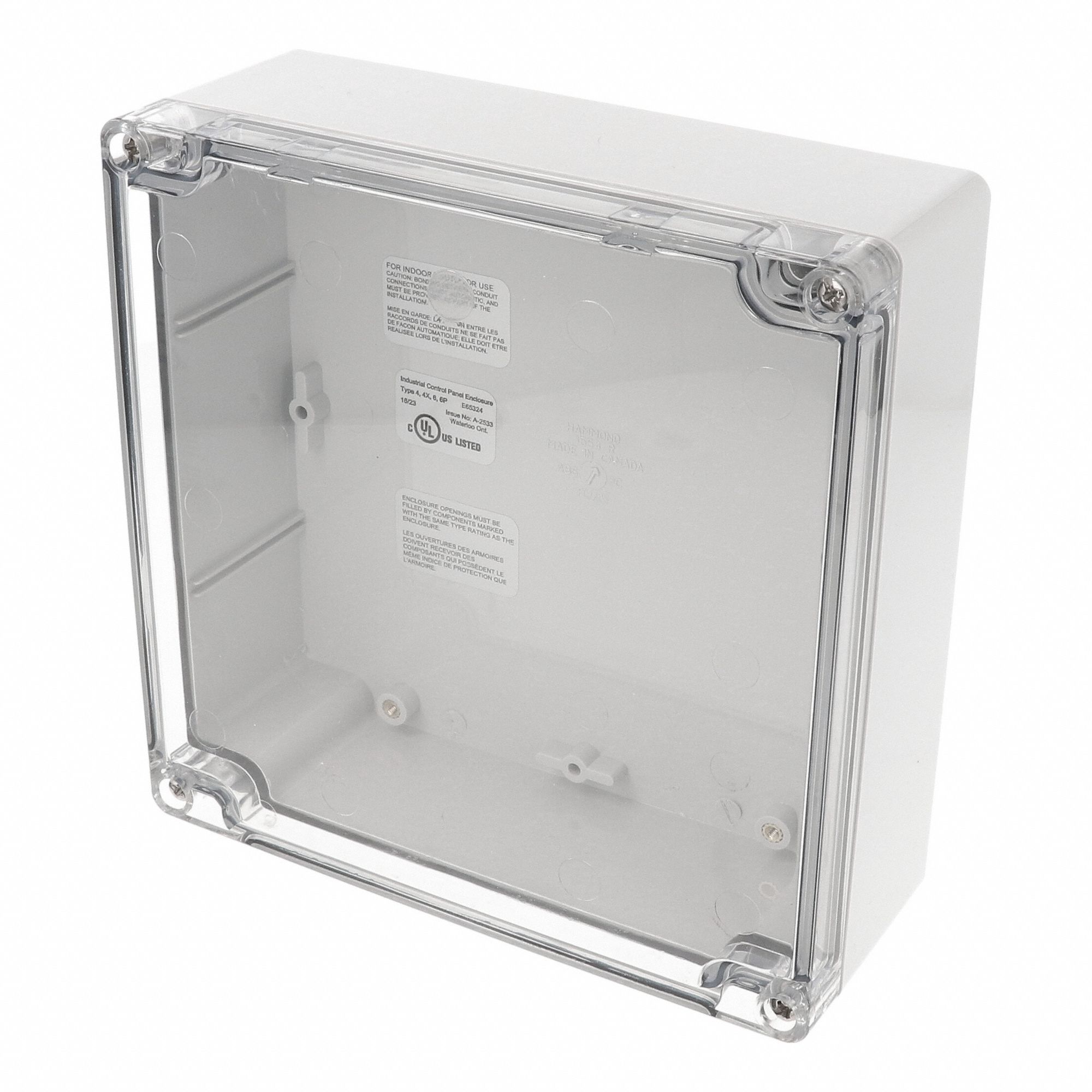 Enclosure: Polycarbonate, 6 in x 6 in x 2 in, NEMA 12/13/4/4X/6/6P, Screw On, Clear Cover