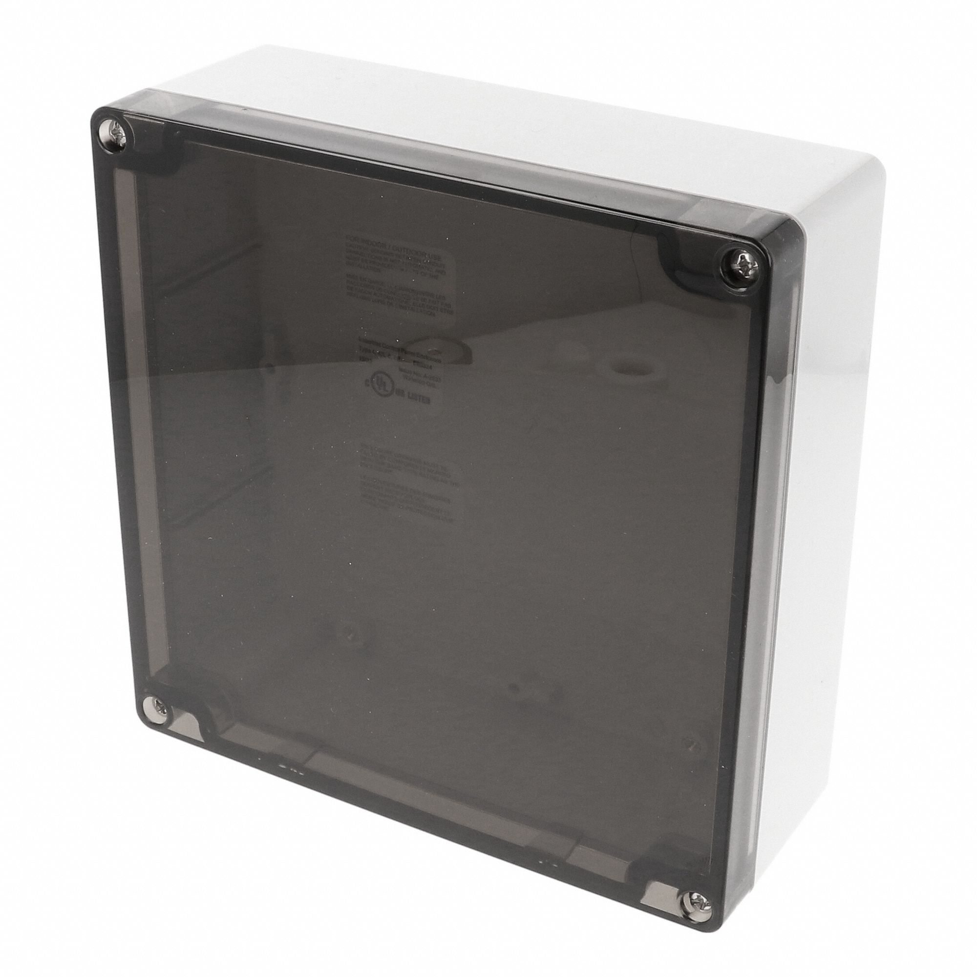 Enclosure: Polycarbonate, 6 in x 6 in x 2 in, NEMA 12/13/4/4X/6/6P, Screw On, Smoked Cover