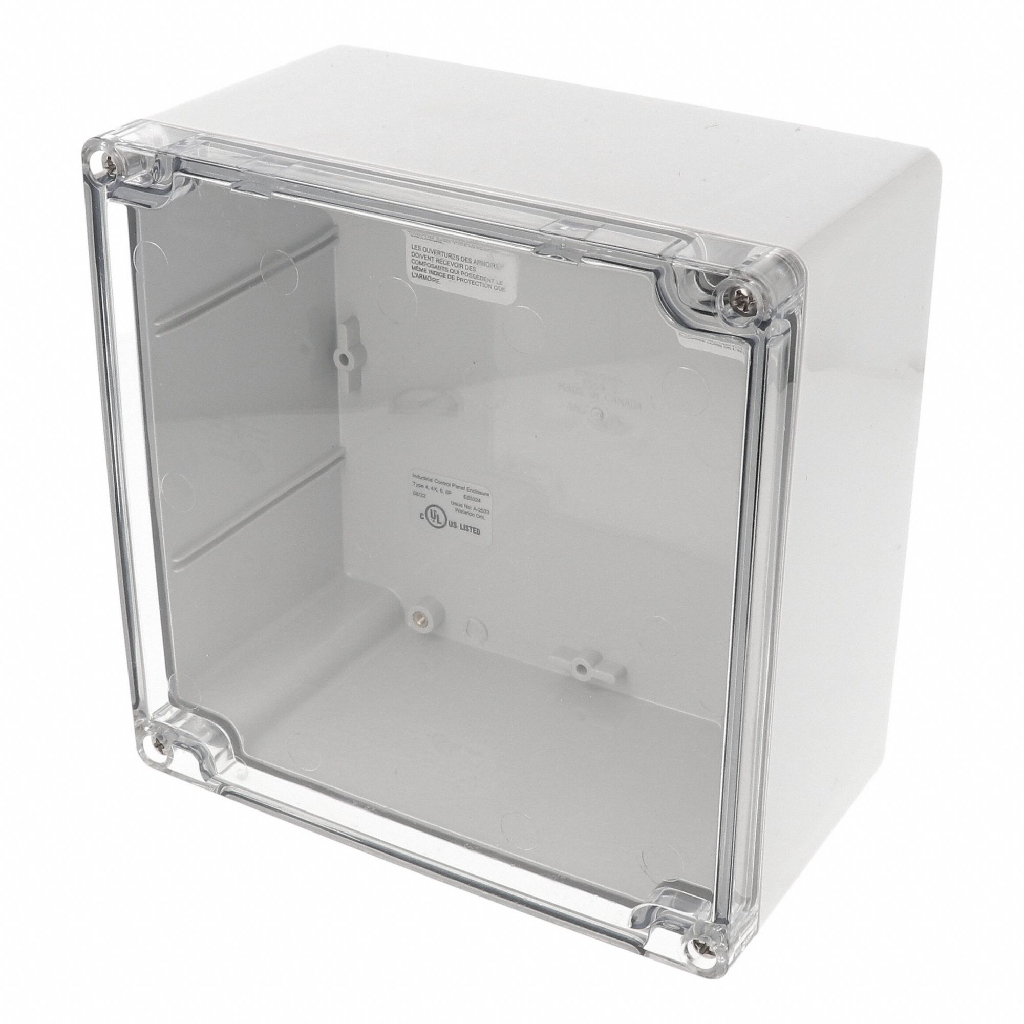 Enclosure: Polycarbonate, 6 in x 6 in x 4 in, NEMA 12/13/4/4X/6/6P, Screw On, Clear Cover