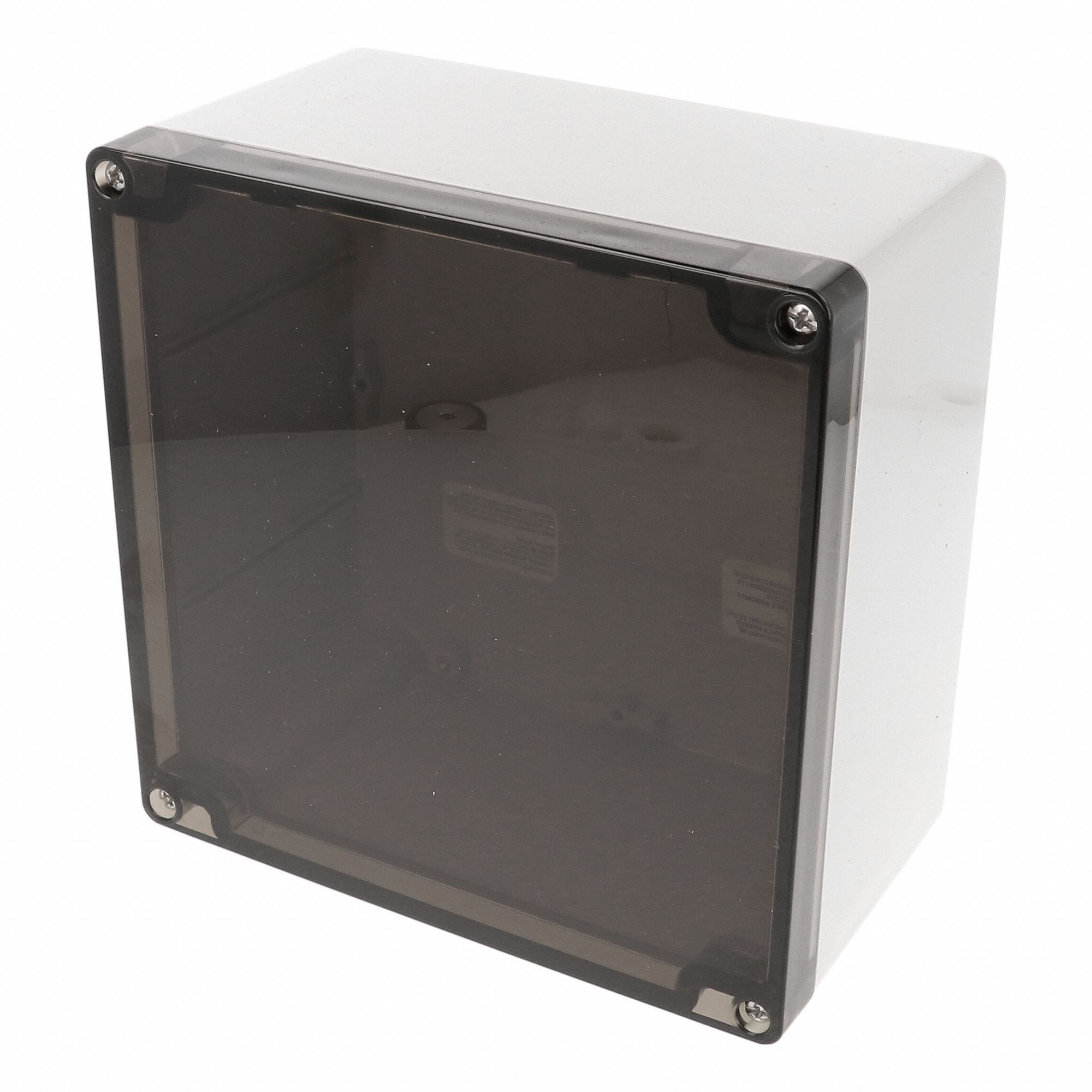 Enclosure: Polycarbonate, 6 in x 6 in x 4 in, NEMA 12/13/4/4X/6/6P, Screw On, Smoked Cover