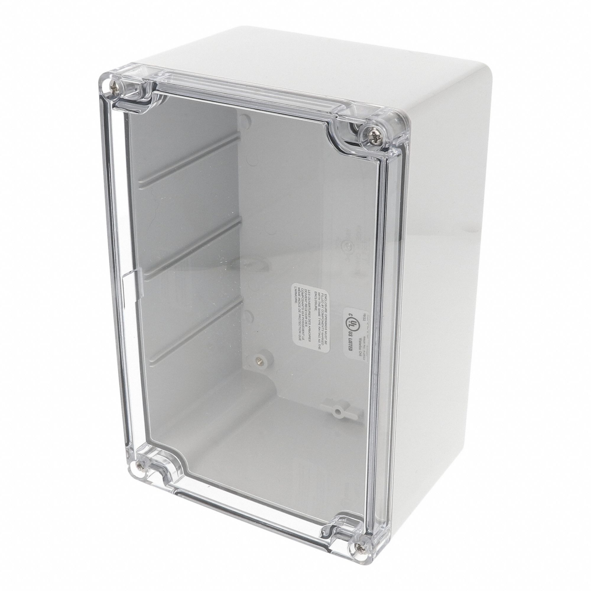 Enclosure: Polycarbonate, 7 in x 4 in x 4 in, NEMA 12/13/4/4X/6/6P, Screw On, Clear Cover