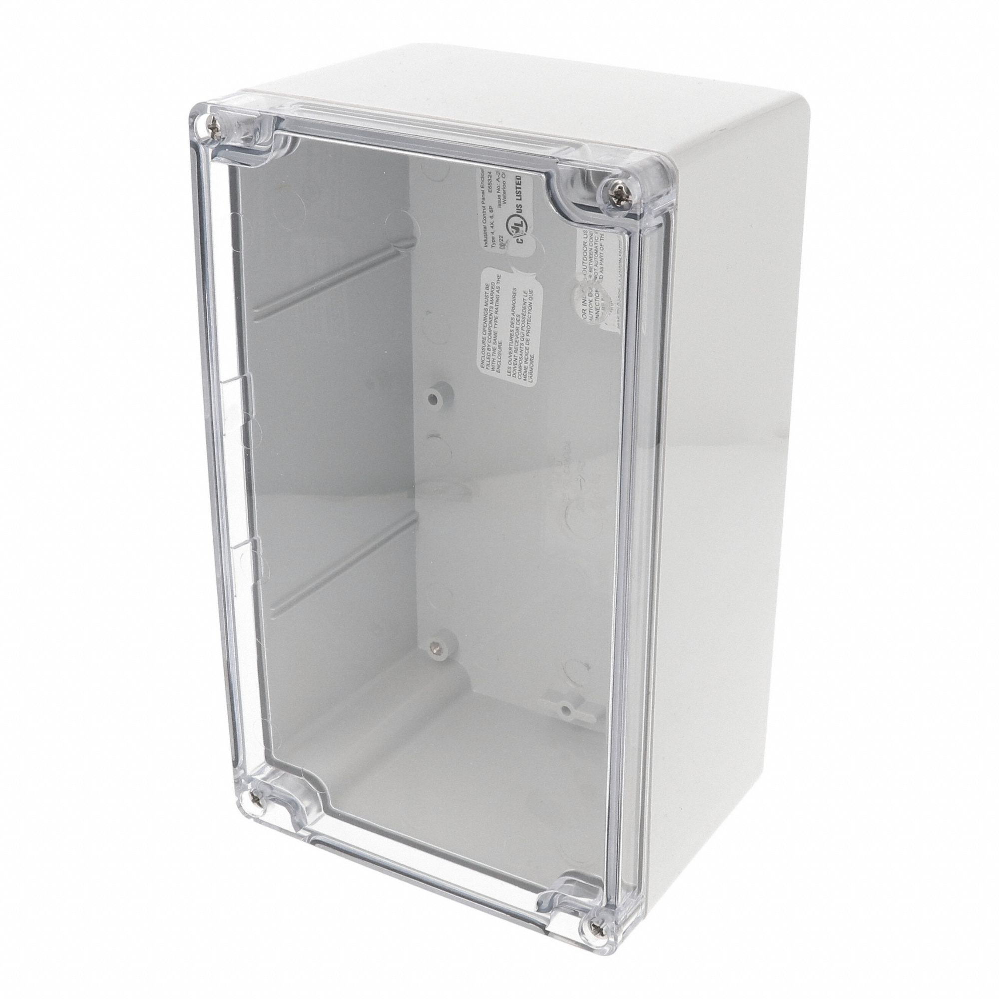 Enclosure: Polycarbonate, 7 in x 4 in x 4 in, NEMA 12/13/4/4X/6/6P, Screw On, Clear Cover