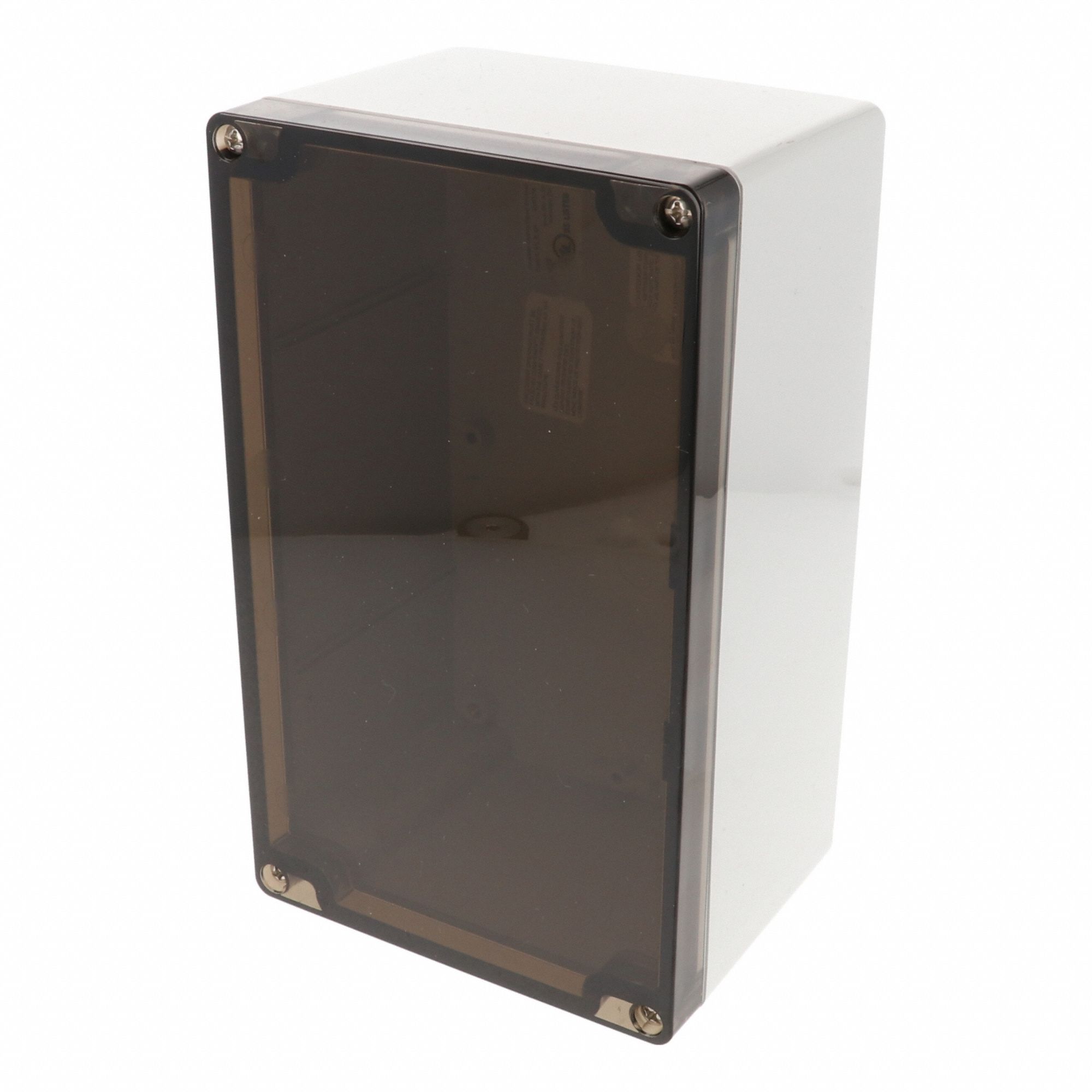 Enclosure: Polycarbonate, 7 in x 4 in x 4 in, NEMA 12/13/4/4X/6/6P, Screw On, Smoked Cover