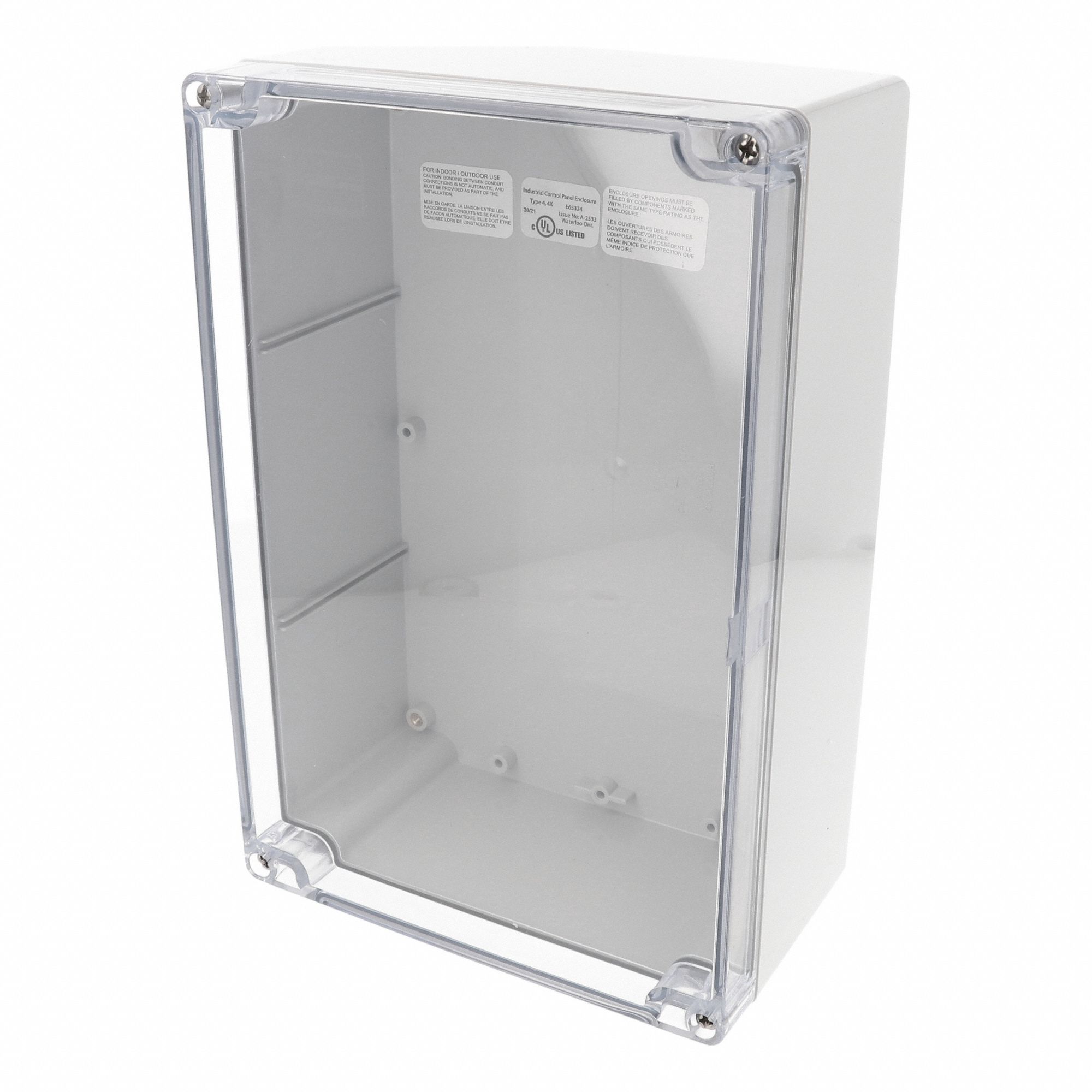 Enclosure: Polycarbonate, 9 in x 6 in x 4 in, NEMA 12/13/4/4X/6/6P, Screw On, Clear Cover