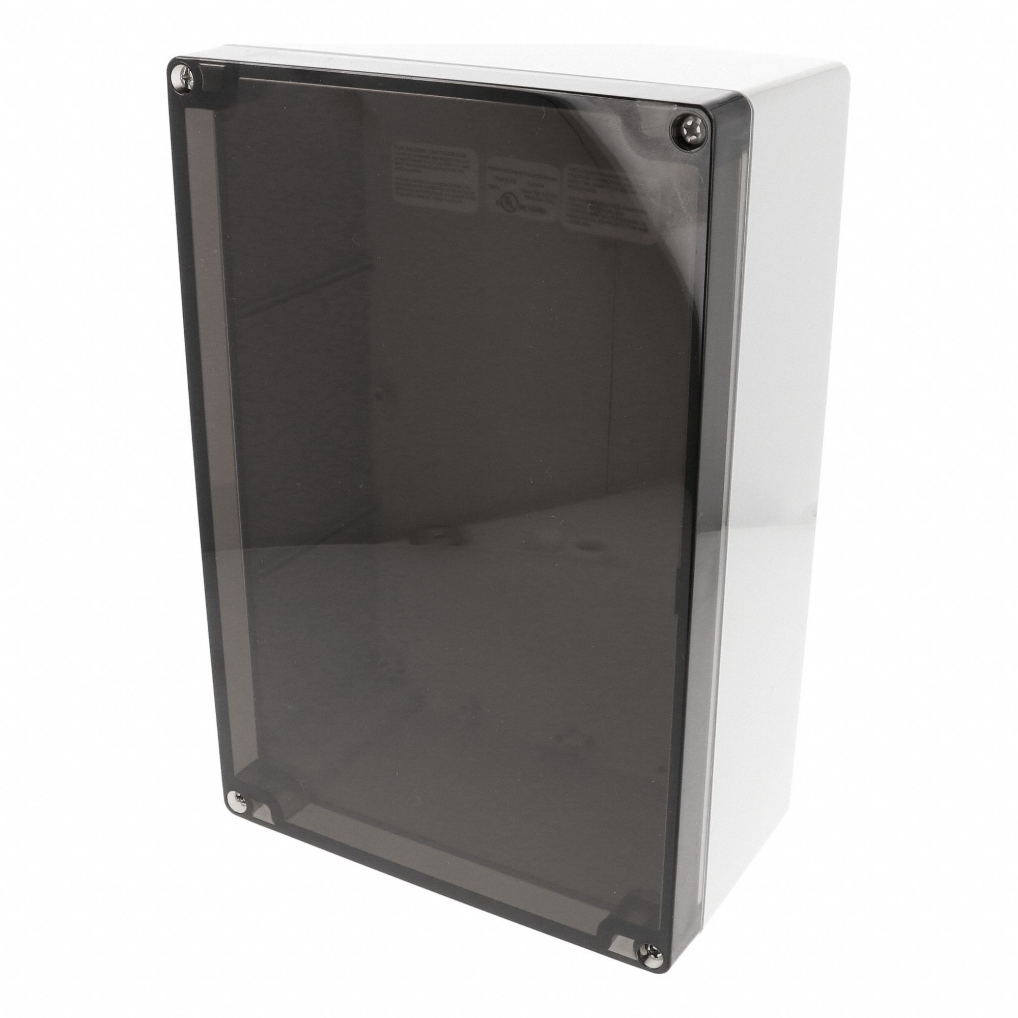 Enclosure: Polycarbonate, 9 in x 6 in x 4 in, NEMA 12/13/4/4X/6/6P, Screw On, Smoked Cover
