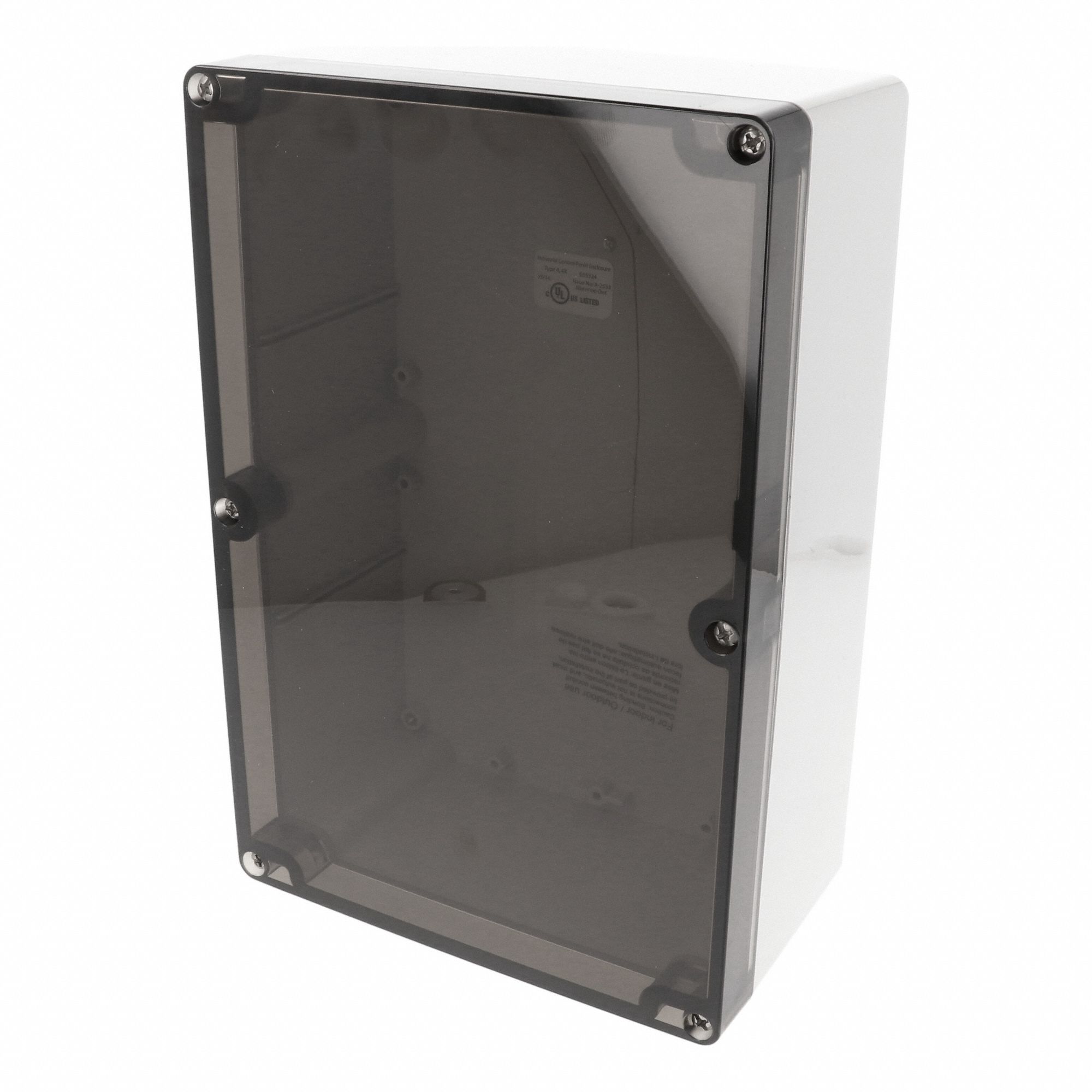 Enclosure: Polycarbonate, 9 in x 6 in x 4 in, NEMA 12/13/4/4X/6/6P, Screw On, Smoked Cover