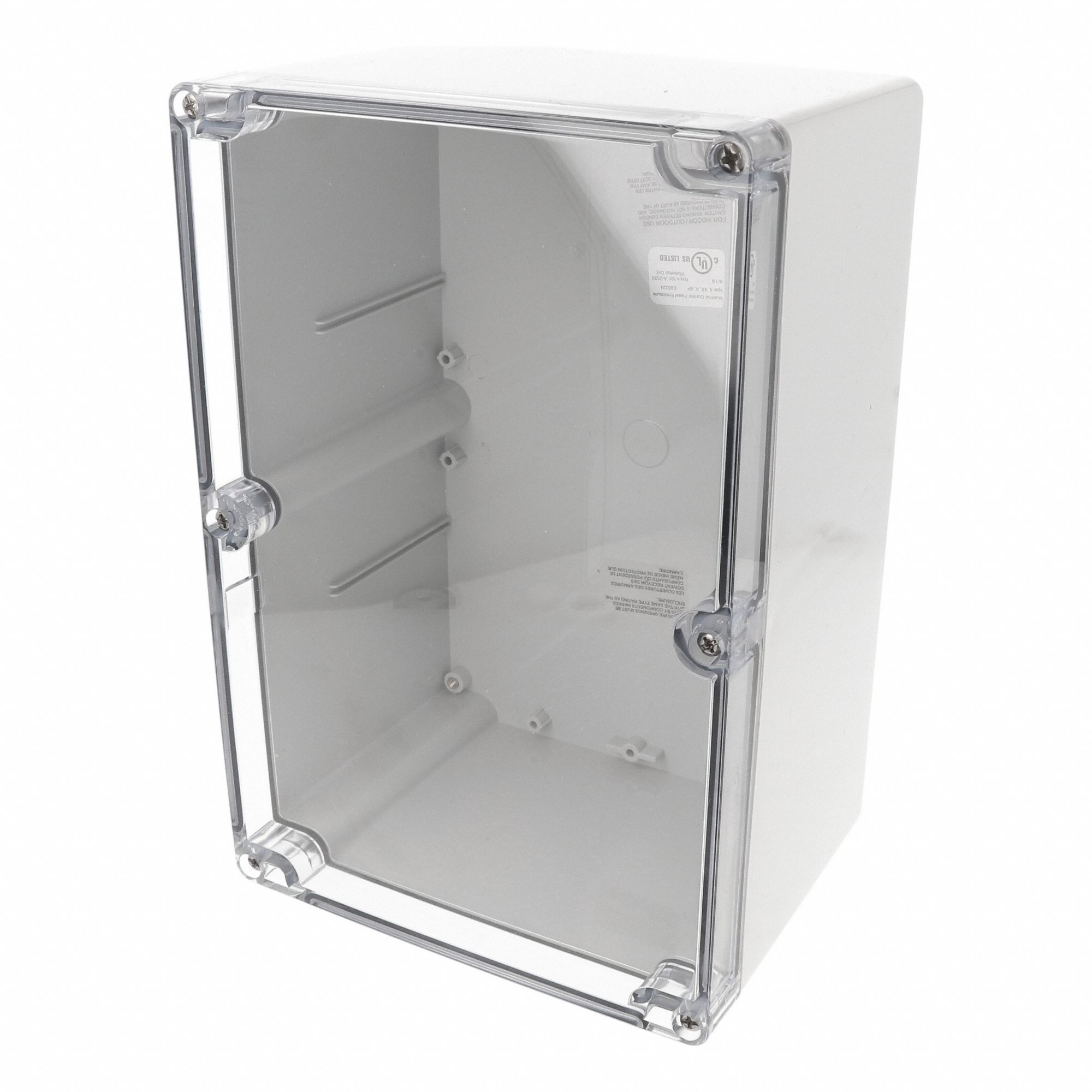 Enclosure: Polycarbonate, 9 in x 6 in x 5 in, NEMA 12/13/4/4X/6/6P, Screw On, Clear Cover
