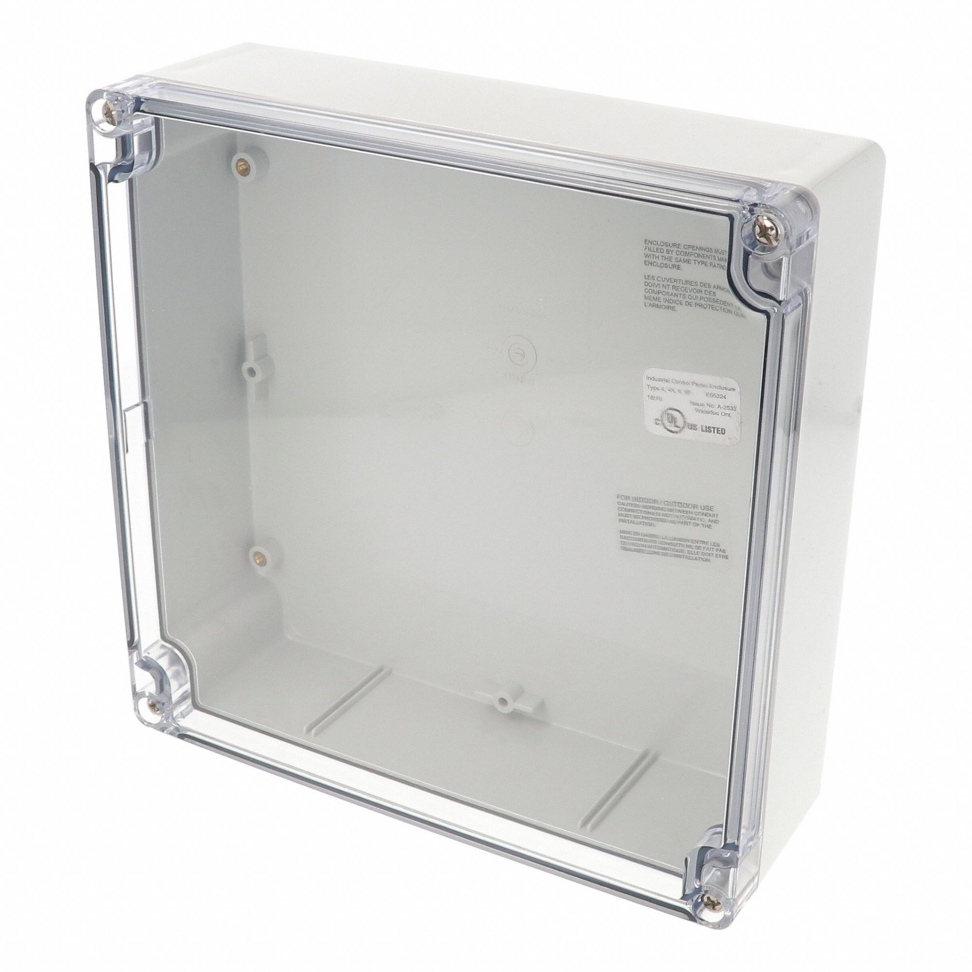 Enclosure: Polycarbonate, 7 in x 7 in x 2 in, NEMA 12/13/4/4X/6/6P, Screw On, Clear Cover