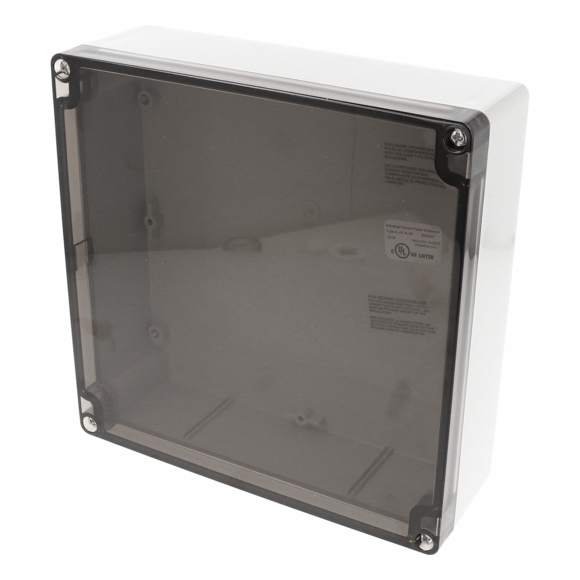 Enclosure: Polycarbonate, 7 in x 7 in x 2 in, NEMA 12/13/4/4X/6/6P, Screw On, Smoked Cover