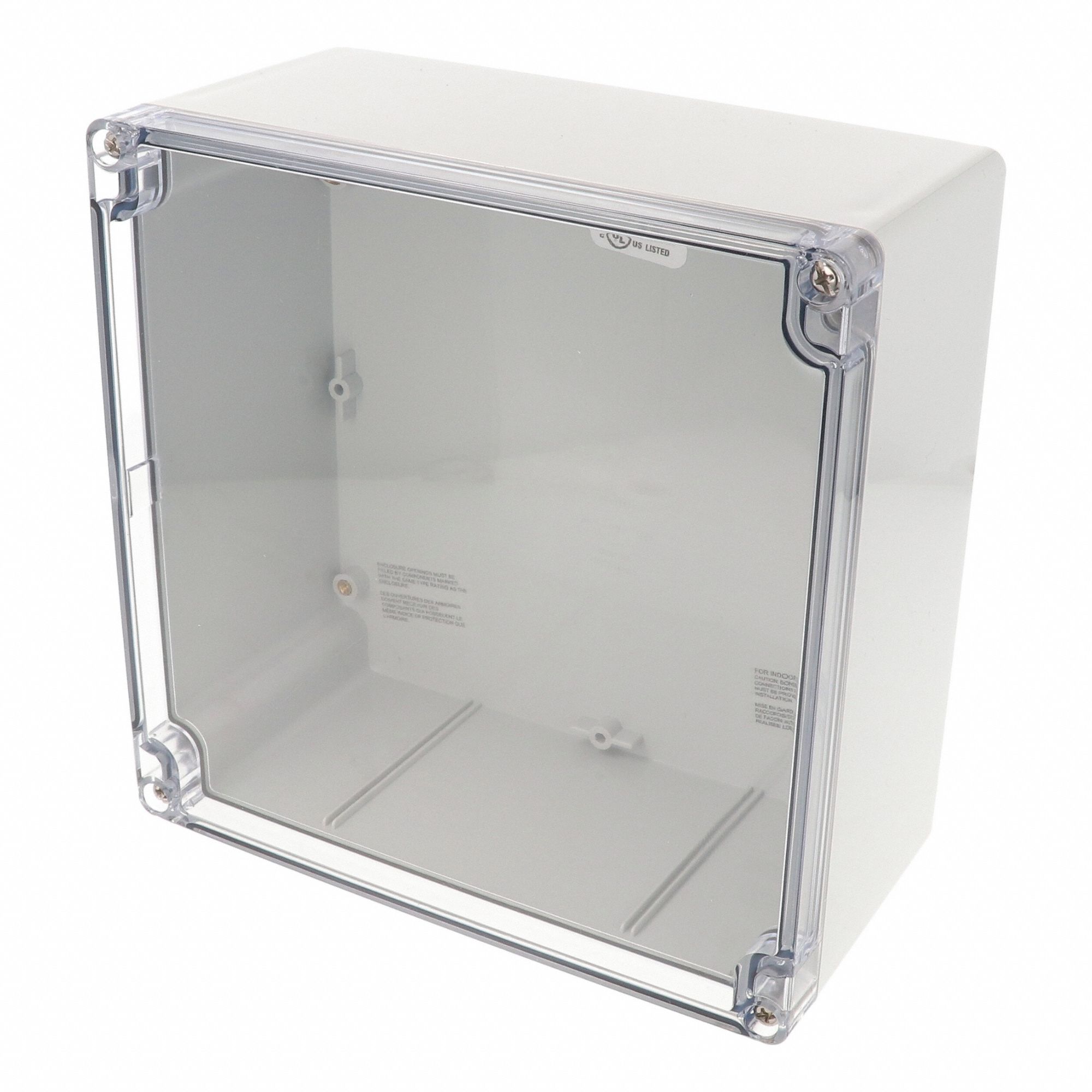 Enclosure: Polycarbonate, 7 in x 7 in x 4 in, NEMA 12/13/4/4X/6/6P, Screw On, Clear Cover