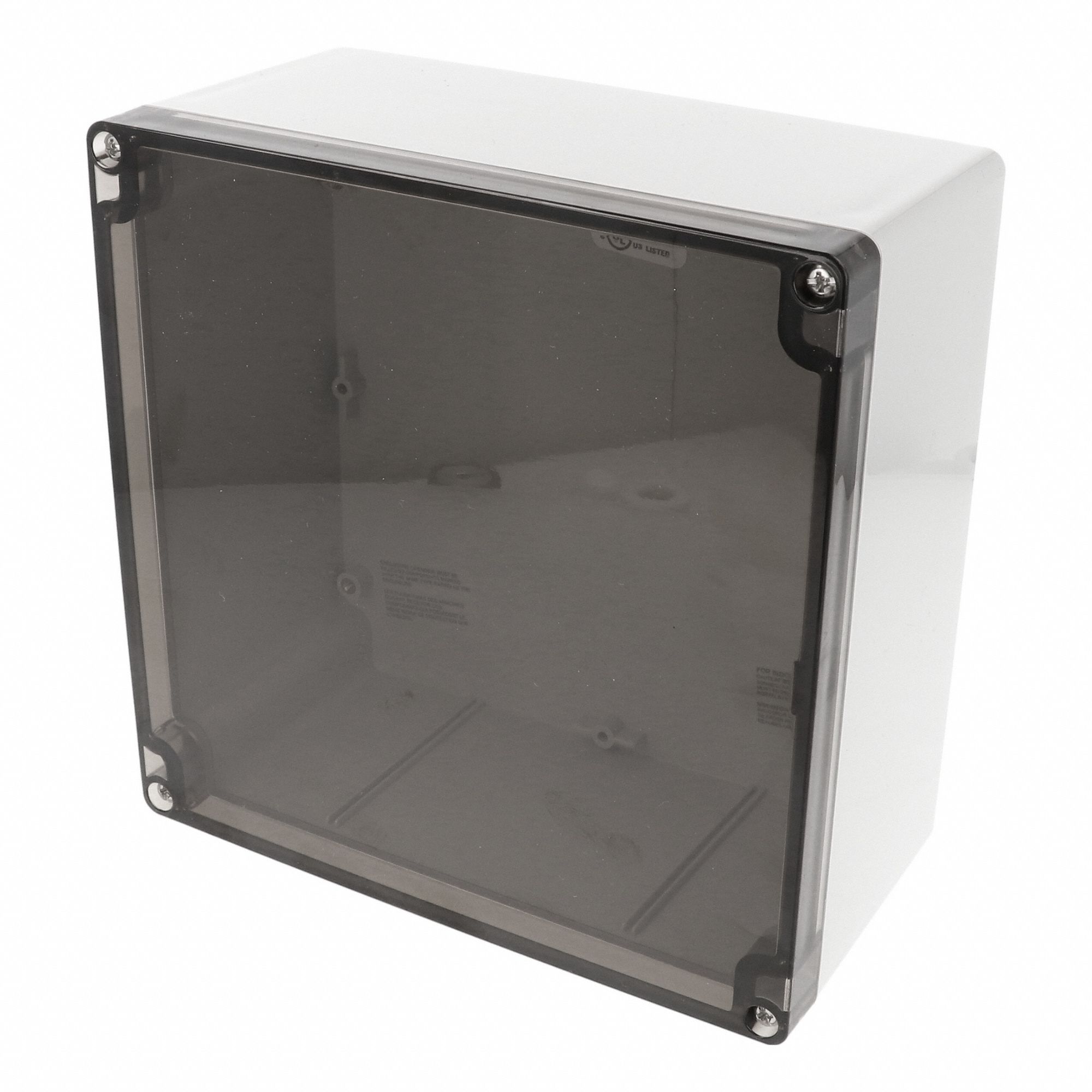 Enclosure: Polycarbonate, 7 in x 7 in x 4 in, NEMA 12/13/4/4X/6/6P, Screw On, Smoked Cover