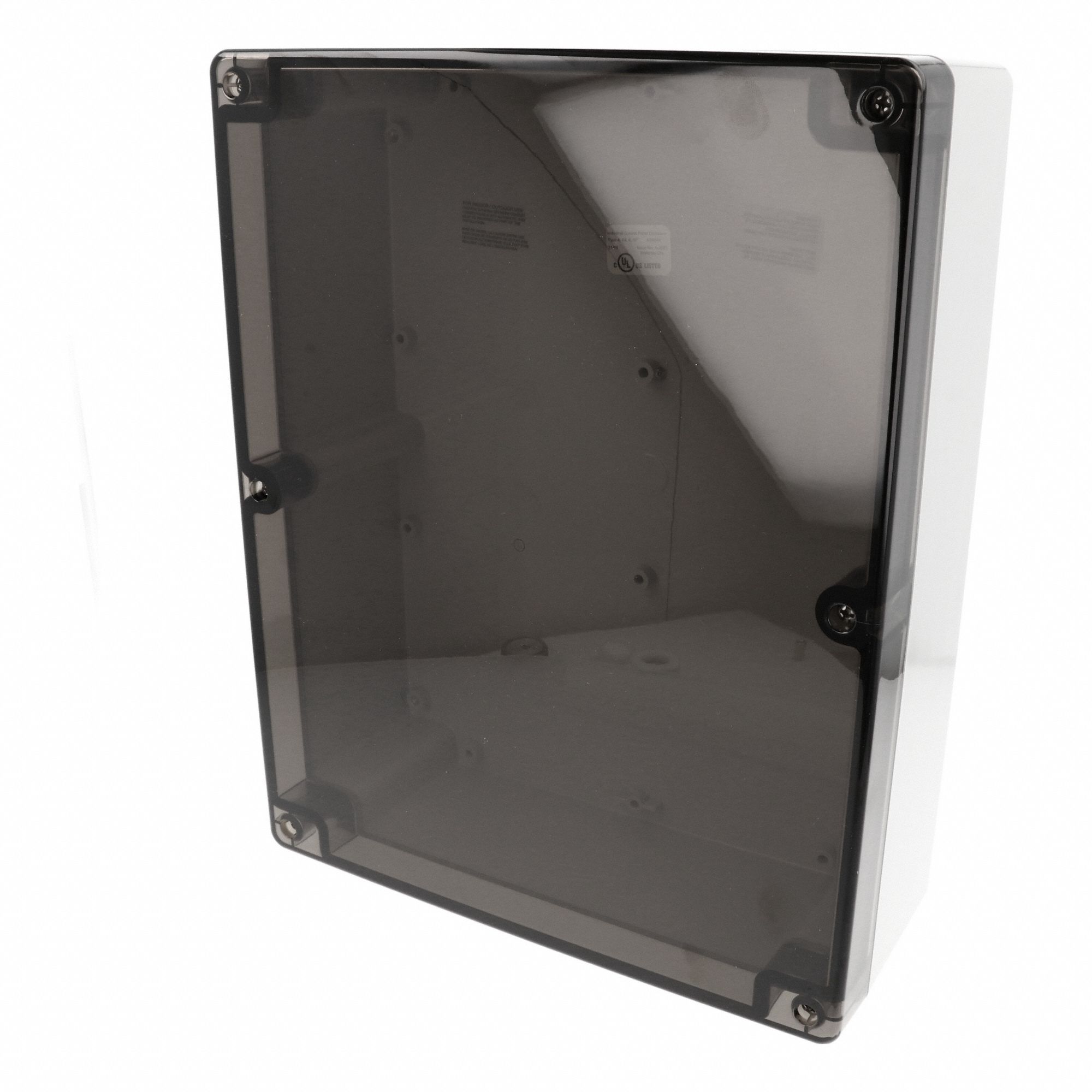 Enclosure: Polycarbonate, 11 in x 9 in x 4 in, NEMA 12/13/4/4X/6/6P, Screw On, Smoked Cover
