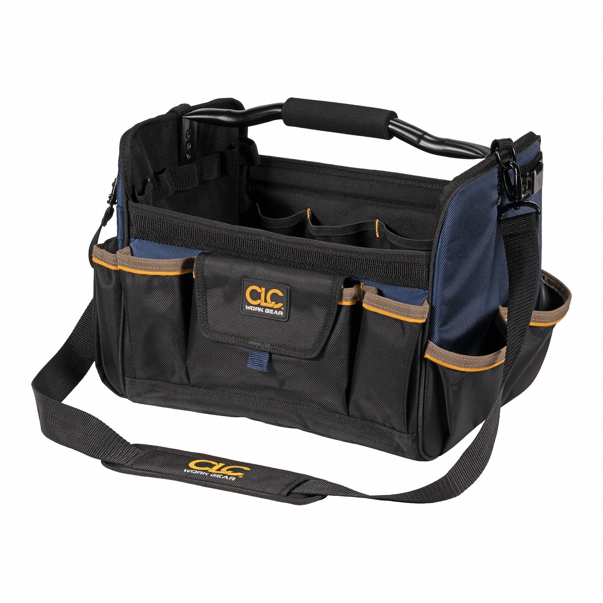 Tool Tote: 14 in W x 11 in D x 11 in H, Black, Polyester, 21 Pockets, 21 Inside Pockets