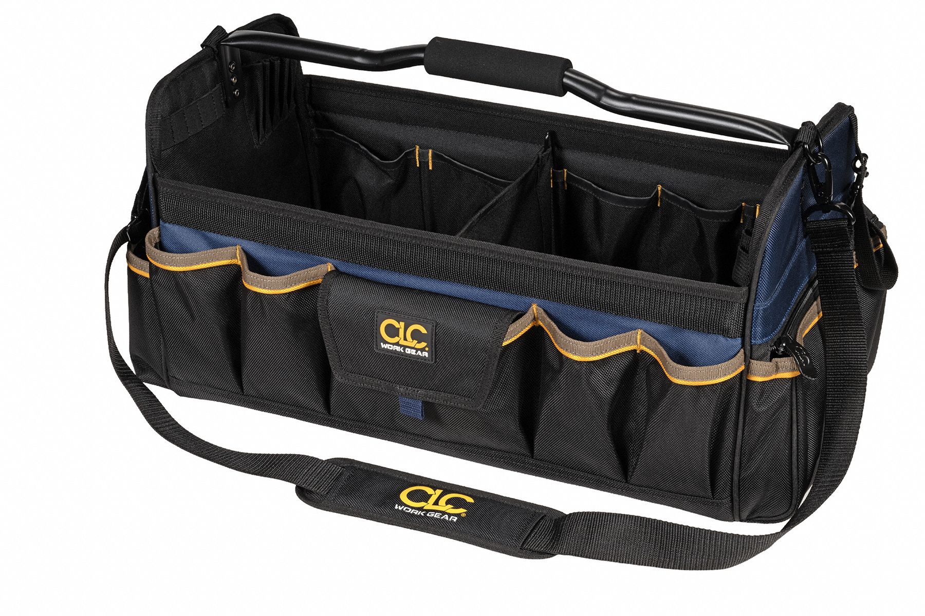 Tool Tote: 20 in W x 11 in D x 11 in H, Black, Polyester, 27 Pockets, 15 Inside Pockets