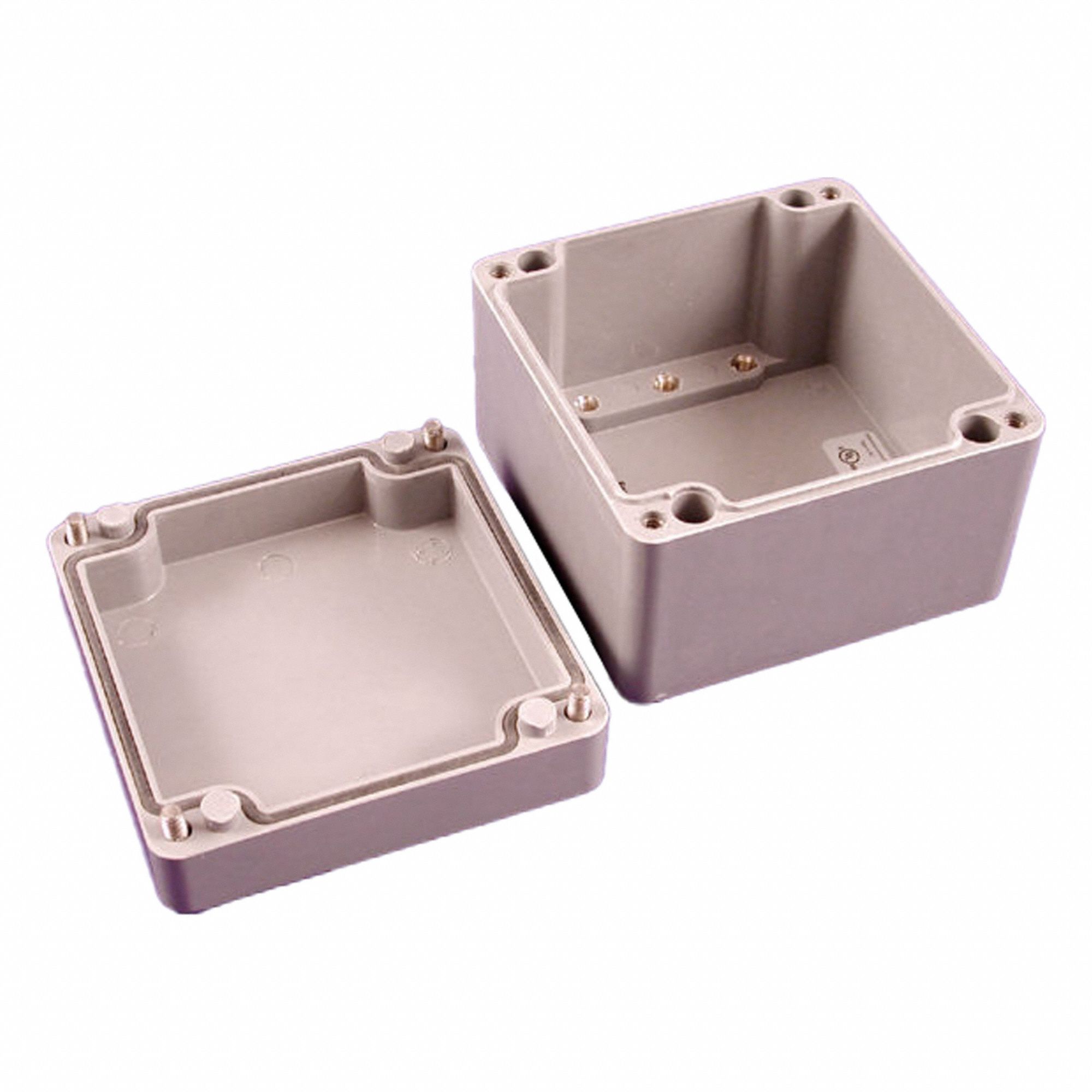 Enclosure: Polyester, 4 in x 4 in x 4 in, NEMA 4/4X, Solid Cover, Screw On