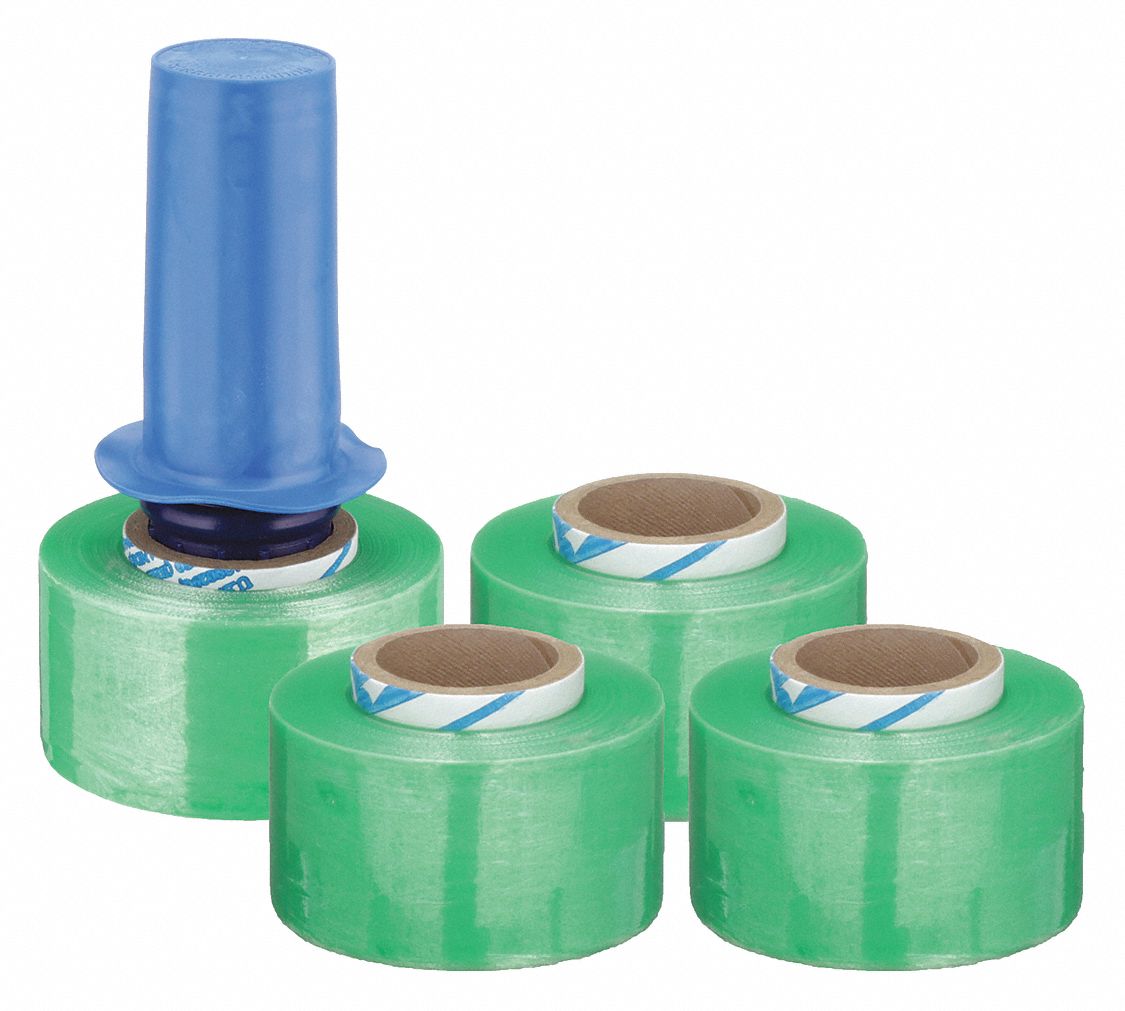STRETCH WRAP, 60 GA, 2 IN OVERALL W, 1,000 FT OVERALL L, LIGHT GREEN, 4 PK