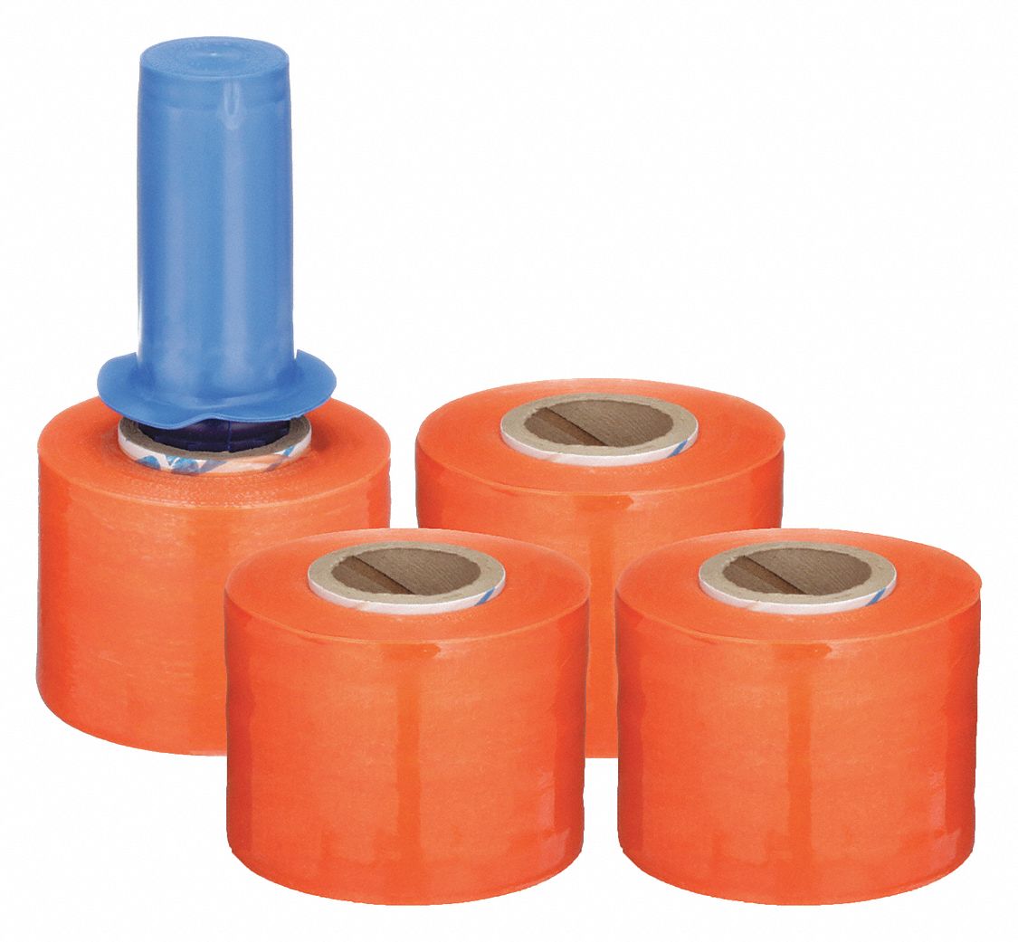 STRETCH WRAP, 80 GA, 5 IN OVERALL W, 1,000 FT OVERALL L, ORANGE, 4 PK