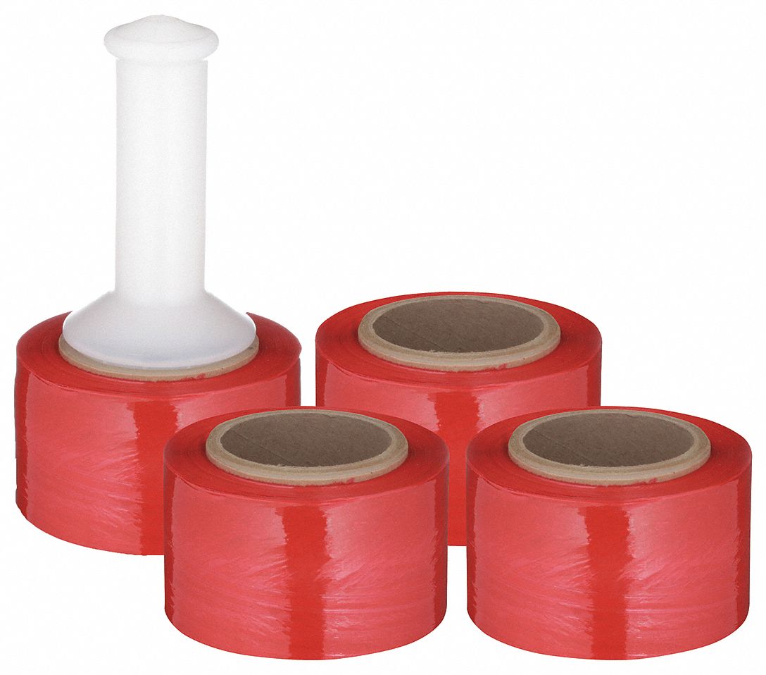 STRETCH WRAP, 80 GA, 3 IN OVERALL W, 1,000 FT OVERALL L, RED, 4 PK