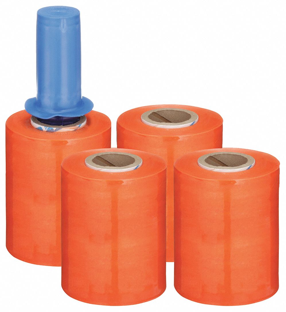 STRETCH WRAP, 80 GA, 3 IN OVERALL W, 1,000 FT OVERALL L, ORANGE, 4 PK