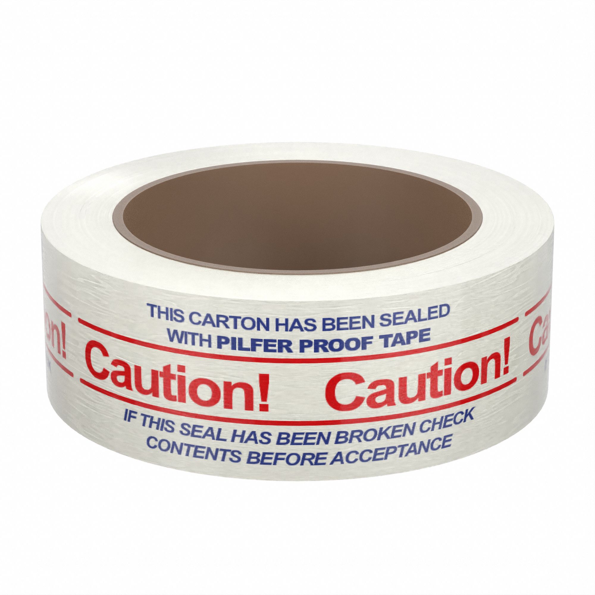 Packaging Tape: 1.9 mil Tape Thick, White, 27 lb/in Tape Tensile Strength, Caution
