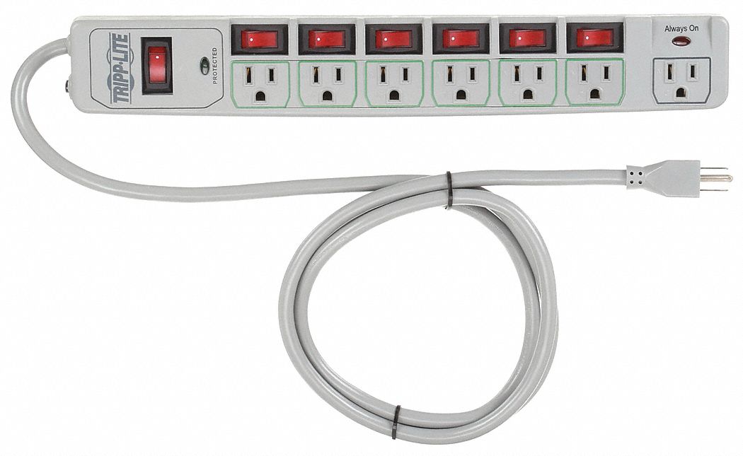 SURGE PROTECTOR OUTLET STRIP, 7 OUTLETS, NEMA 5-15R, NEMA 5-15P, 6 FT CORD, 15 IN L