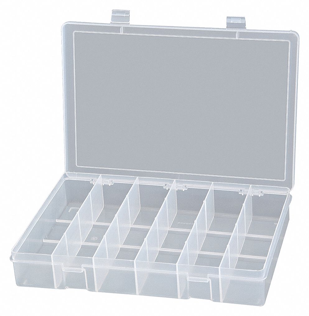 COMPARTMENT BOX, 9 IN X 13⅛ IN X 2⅜ IN, CLEAR, 6 COMPARTMENTS, SNAP