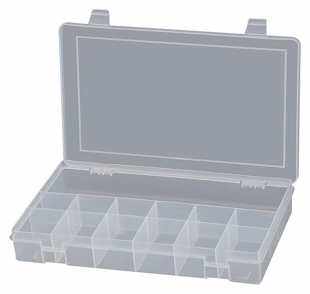 COMPARTMENT BOX, 6¾ IN X 10⅞ IN X 1¾ IN, CLEAR, 13 COMPARTMENTS, SNAP