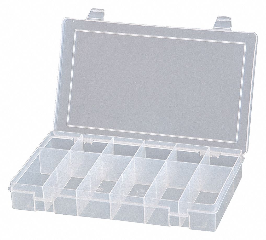 COMPARTMENT BOX, 6¾ IN X 10⅞ IN X 1¾ IN, CLEAR, 12 COMPARTMENTS, SNAP