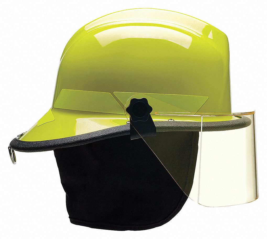 FIRE HELMET W/ 4 IN FACESHIELD, TP, 4-PT SURE-LOCK RATCHET, LIME-YELLOW, SIZE 6½ TO 8