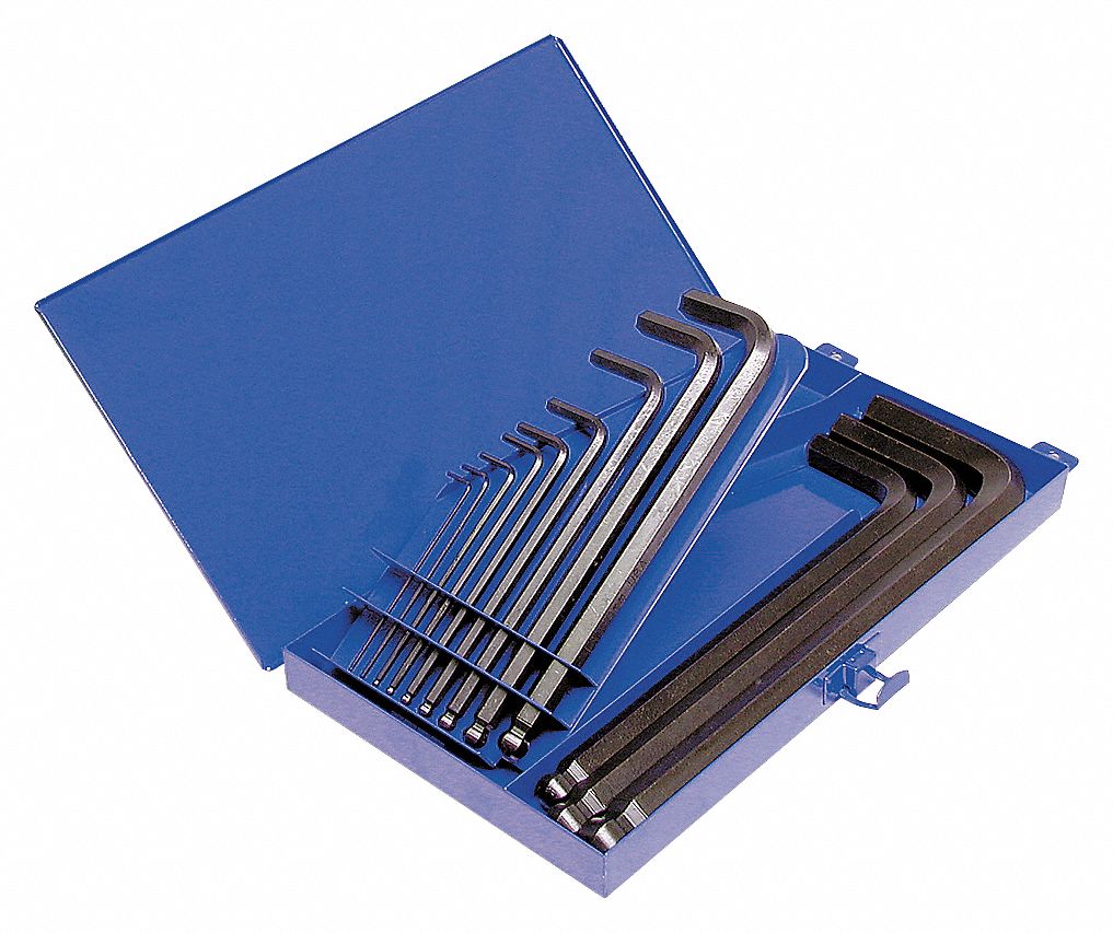 HEX KEY SET, METRIC, LONG, 13 PIECES, PLASTIC HOLDER, BLACK OXIDE, 2 TIPS, BALL END