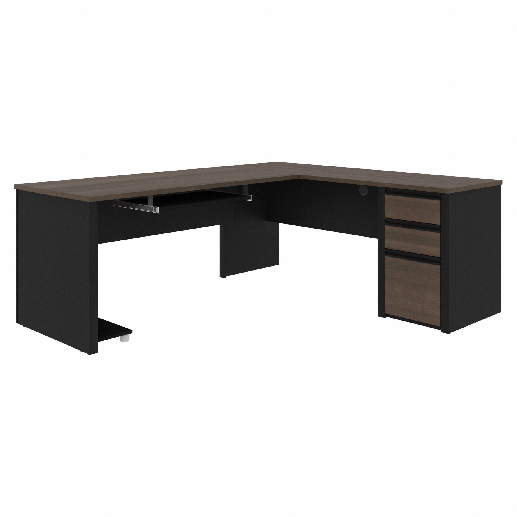 L-Shaped Office Desk: Antigua/Black, 71 1/8 in Overall Wd, 82 7/8 in Overall Dp, ANSI/BIFMA