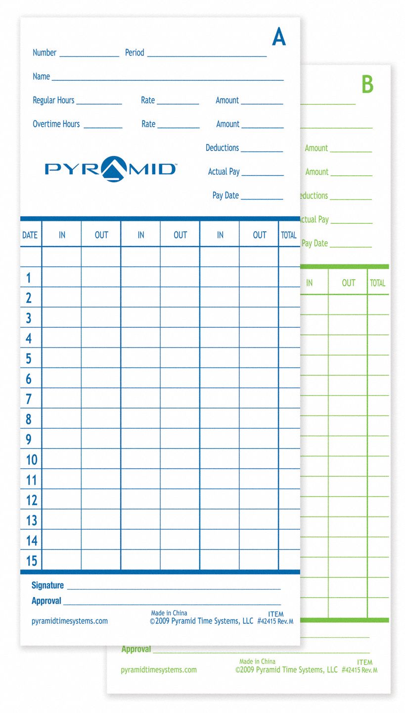 PYRAMID Time Card, Records Date and Time, 7 3/8 in Height, 3 3/8 in