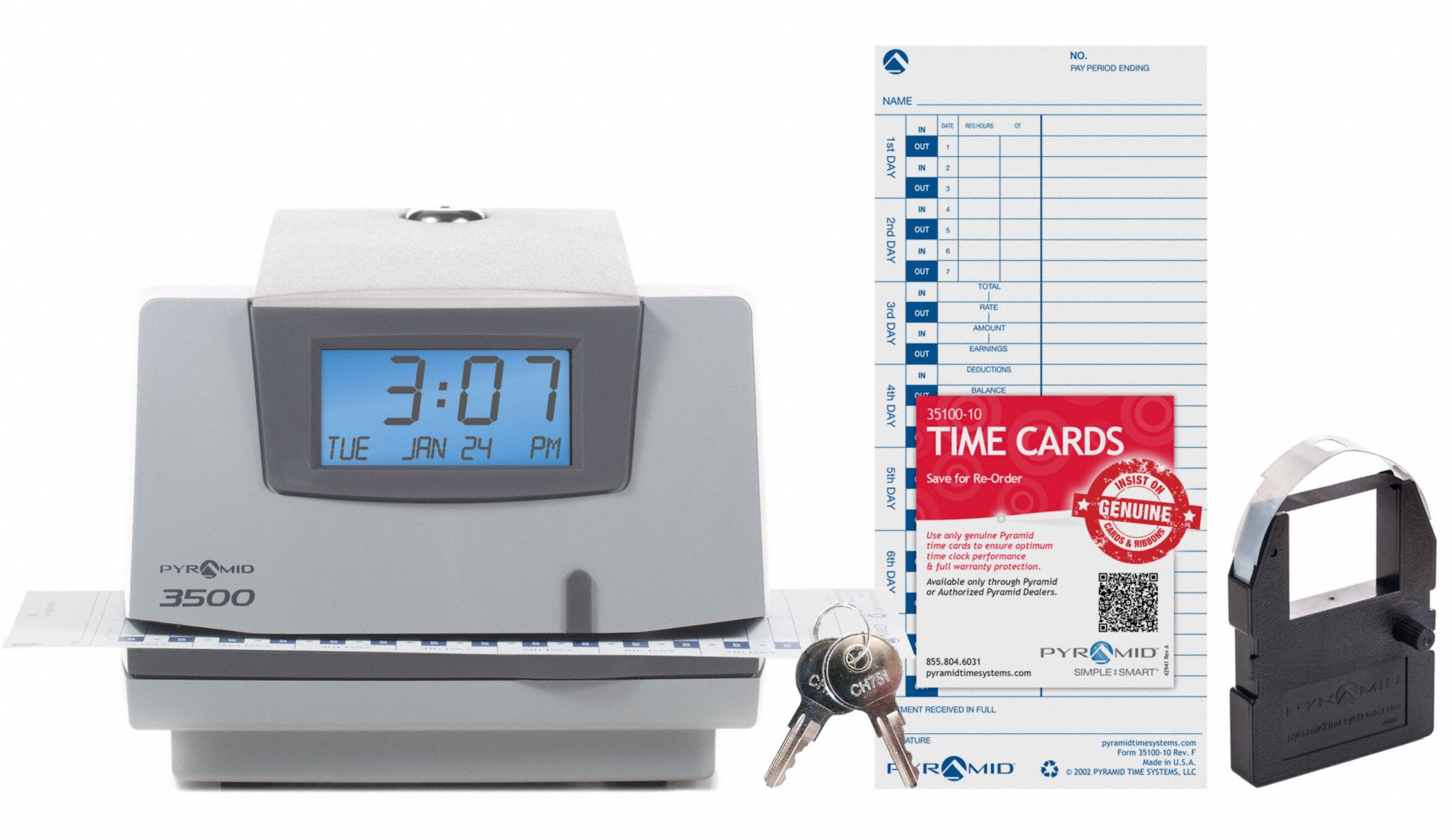PYRAMID Time Clock Digital, LCD, Surface/Wall, Electronic Card Punch