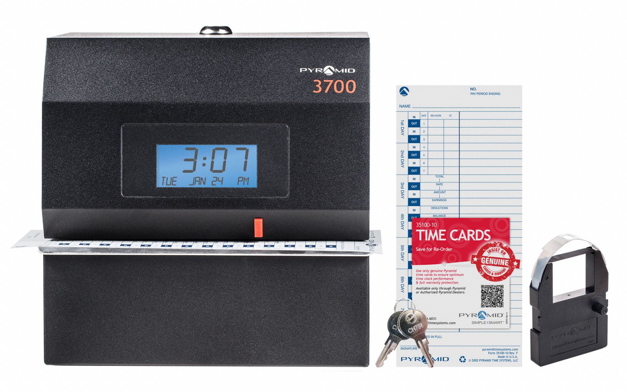 PYRAMID Time Clock Digital, LCD, Surface/Wall, 50 No. of Employees