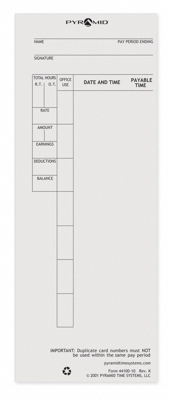 PYRAMID Time Card, Records Date, Time, Total Hours Worked, 9 in Height, 3 1/2 in Width 15F559