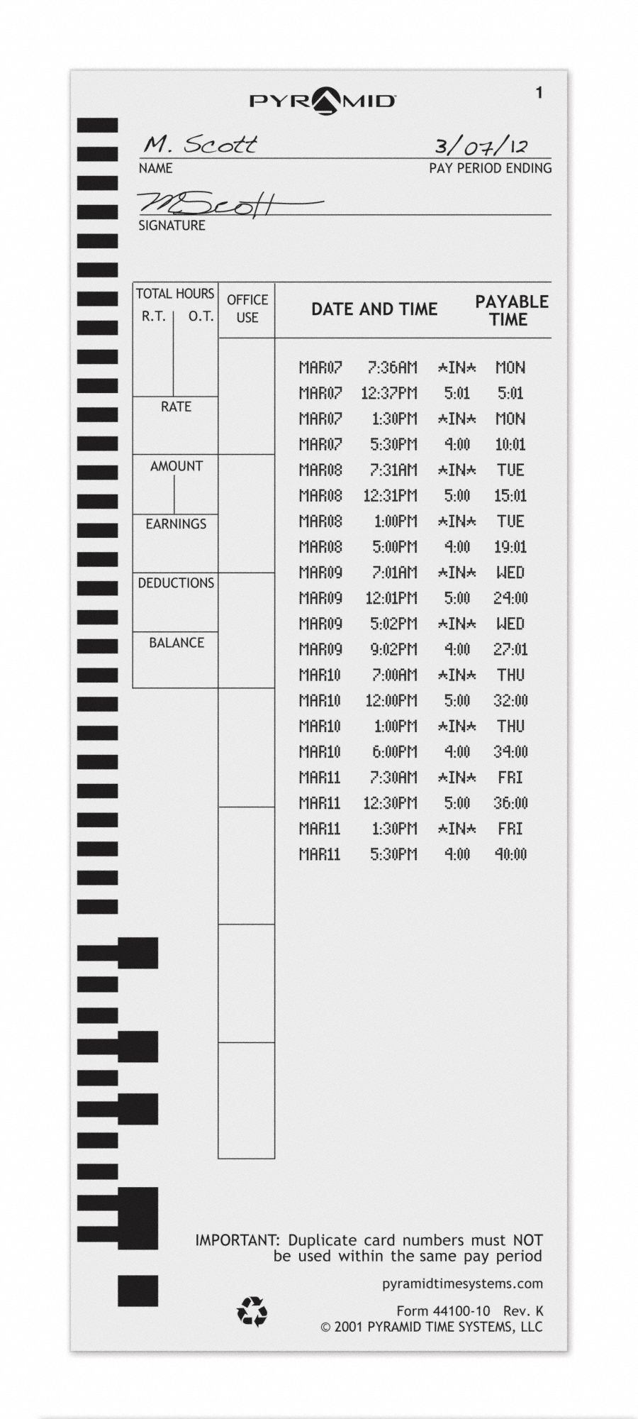 PYRAMID Time Card, Records Date, Time, Total Hours Worked, 9 in Height