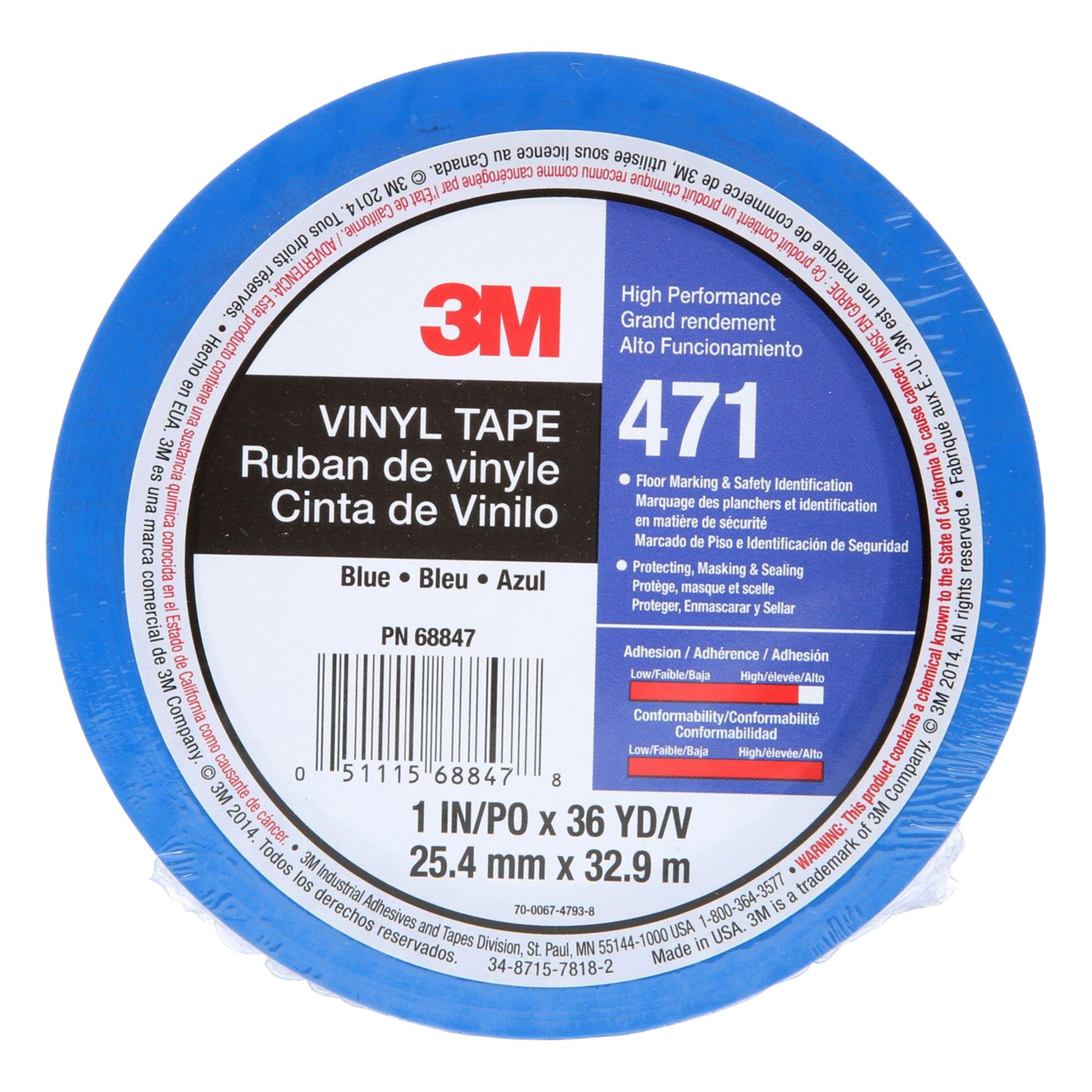 Floor Marking Tape: Gen Purpose, Solid, Blue, 1 in x 108 ft, 5.2 mil Tape Thick, 3M™