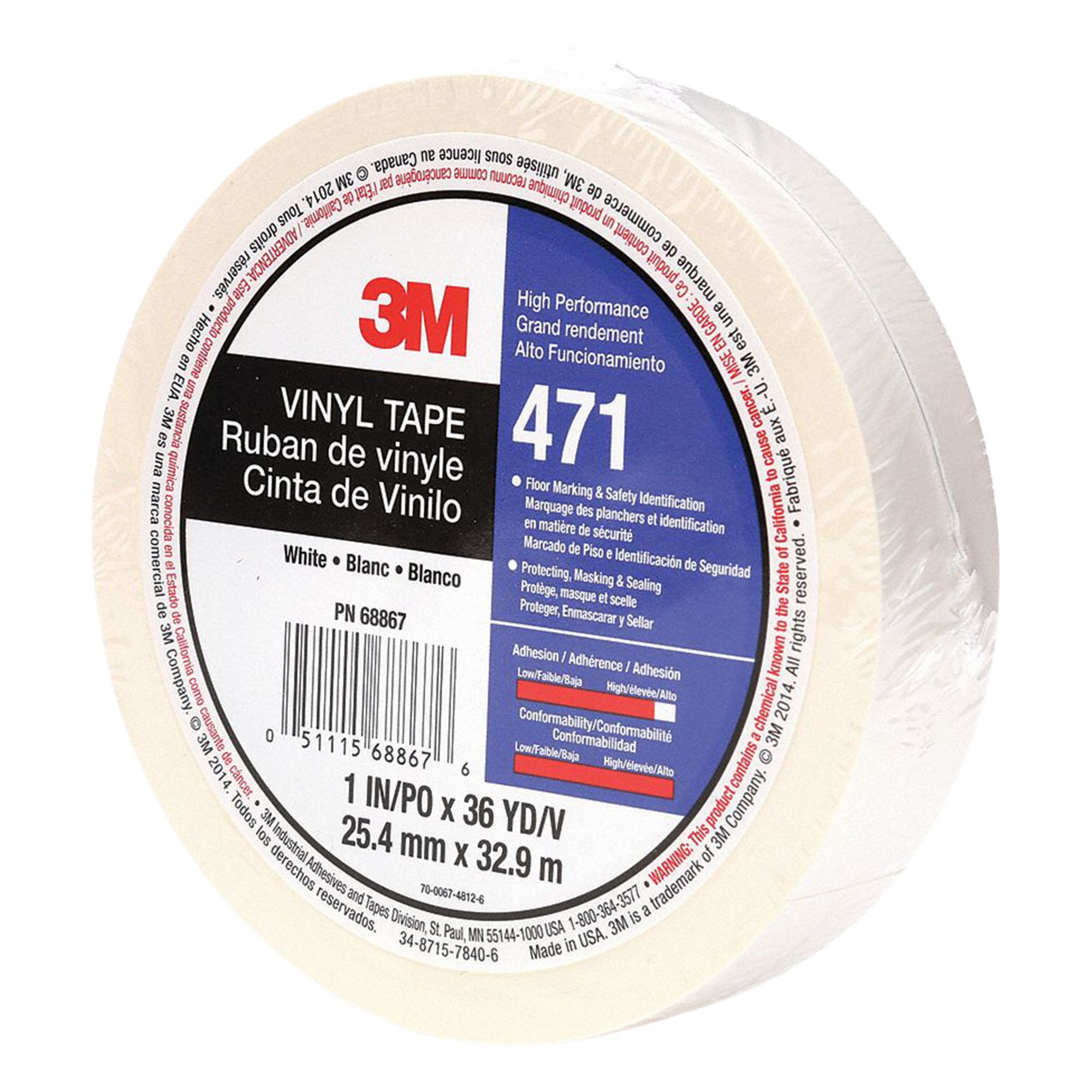 Floor Marking Tape: Gen Purpose, Solid, White, 1 in x 108 ft, 5.2 mil Tape Thick, 3M™