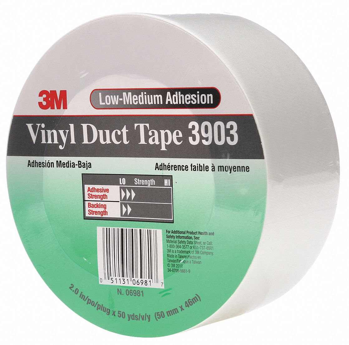 DUCT TAPE, 3903, LIGHT DUTY, 2 IN X 50 YARD, WHITE, VINYL