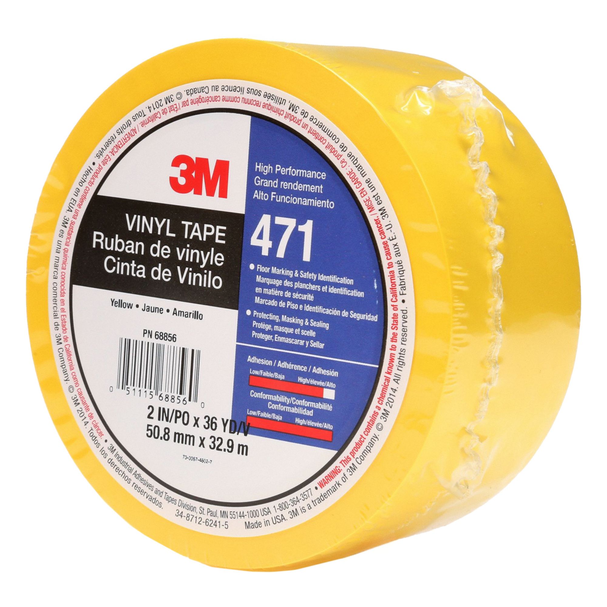 Floor Marking Tape: Gen Purpose, Solid, Yellow, 2 in x 108 ft, 5.2 mil Tape Thick, 3M™