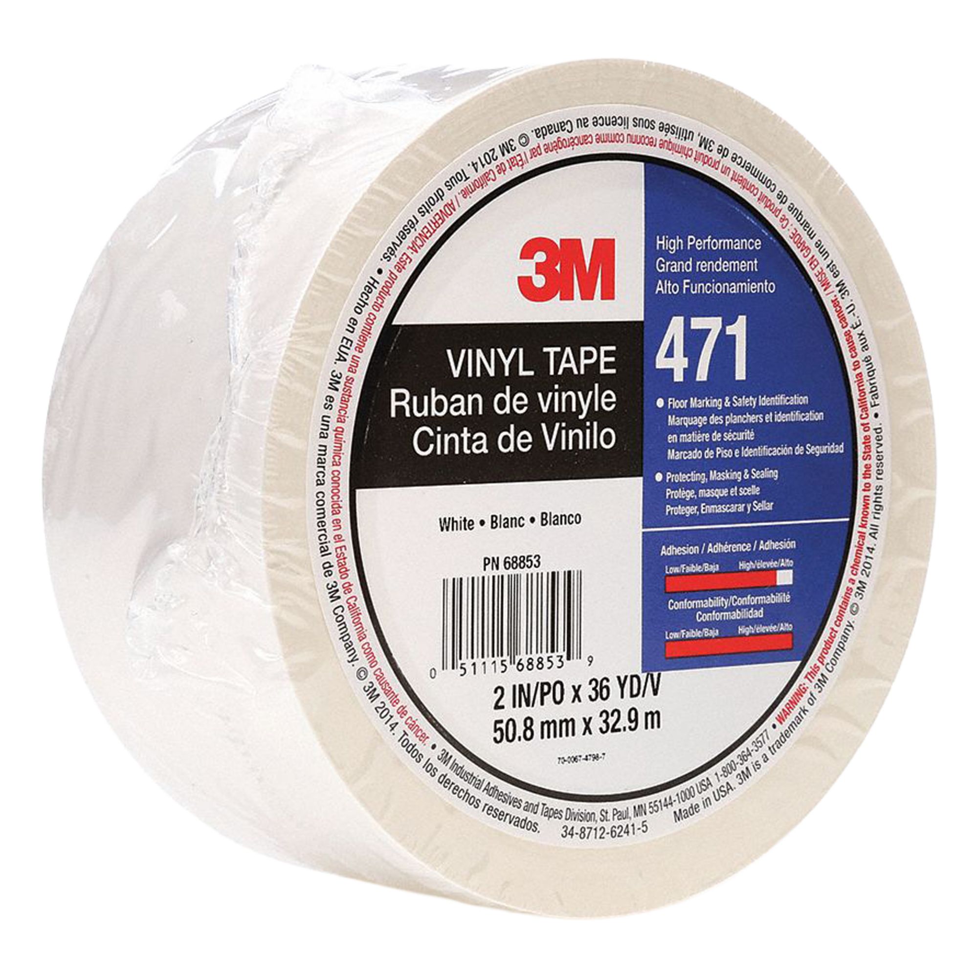 Floor Marking Tape: Gen Purpose, Solid, White, 2 in x 108 ft, 5.2 mil Tape Thick, 3M™
